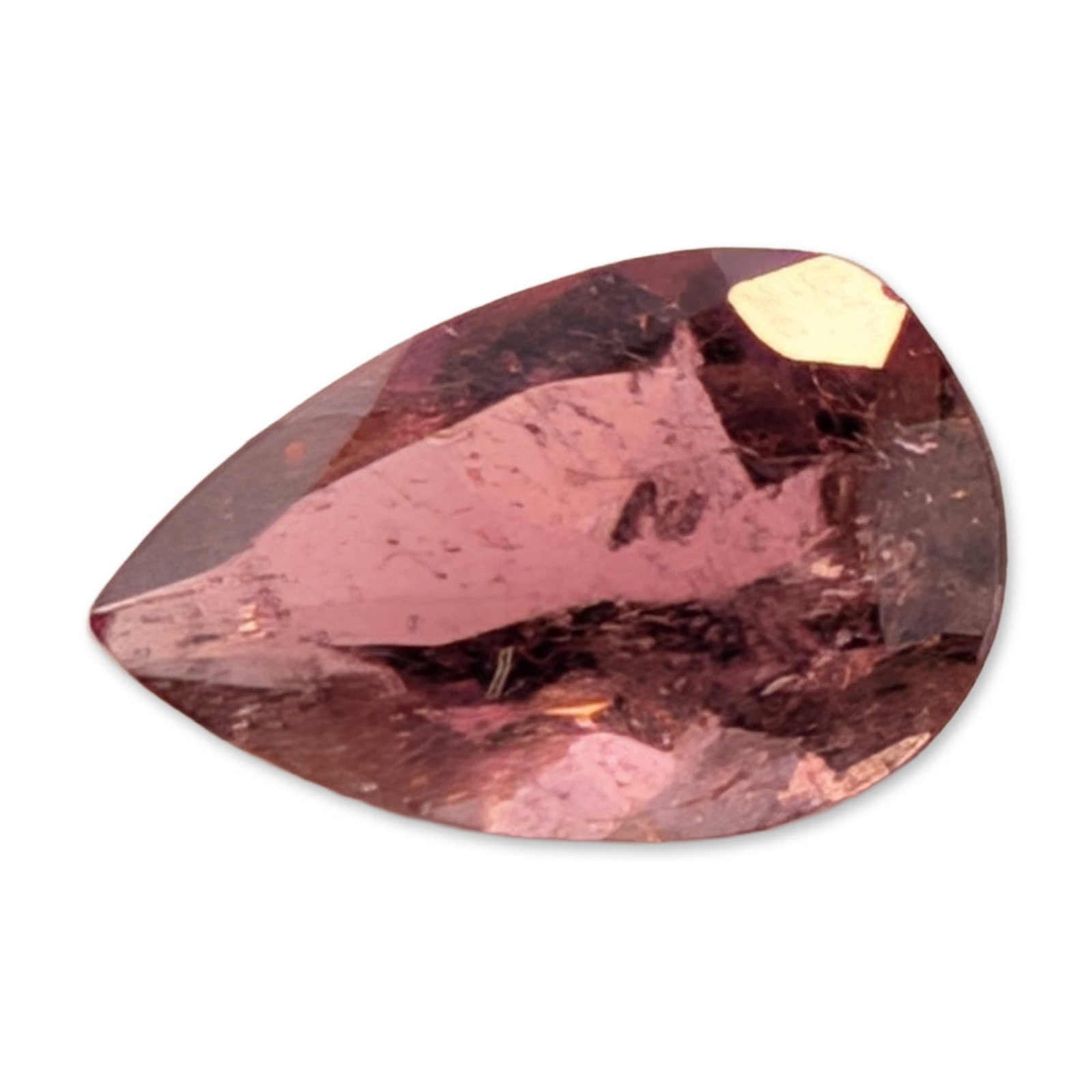 Pear Cut Pink Tourmaline Faceted Gemstone: Faceted gemstone featuring a pear brilliant cut in a vibrant raspberry pink hue with subtle purplish undertones. The stone appears to be a natural variety of pink tourmaline, exhibiting characteristic
