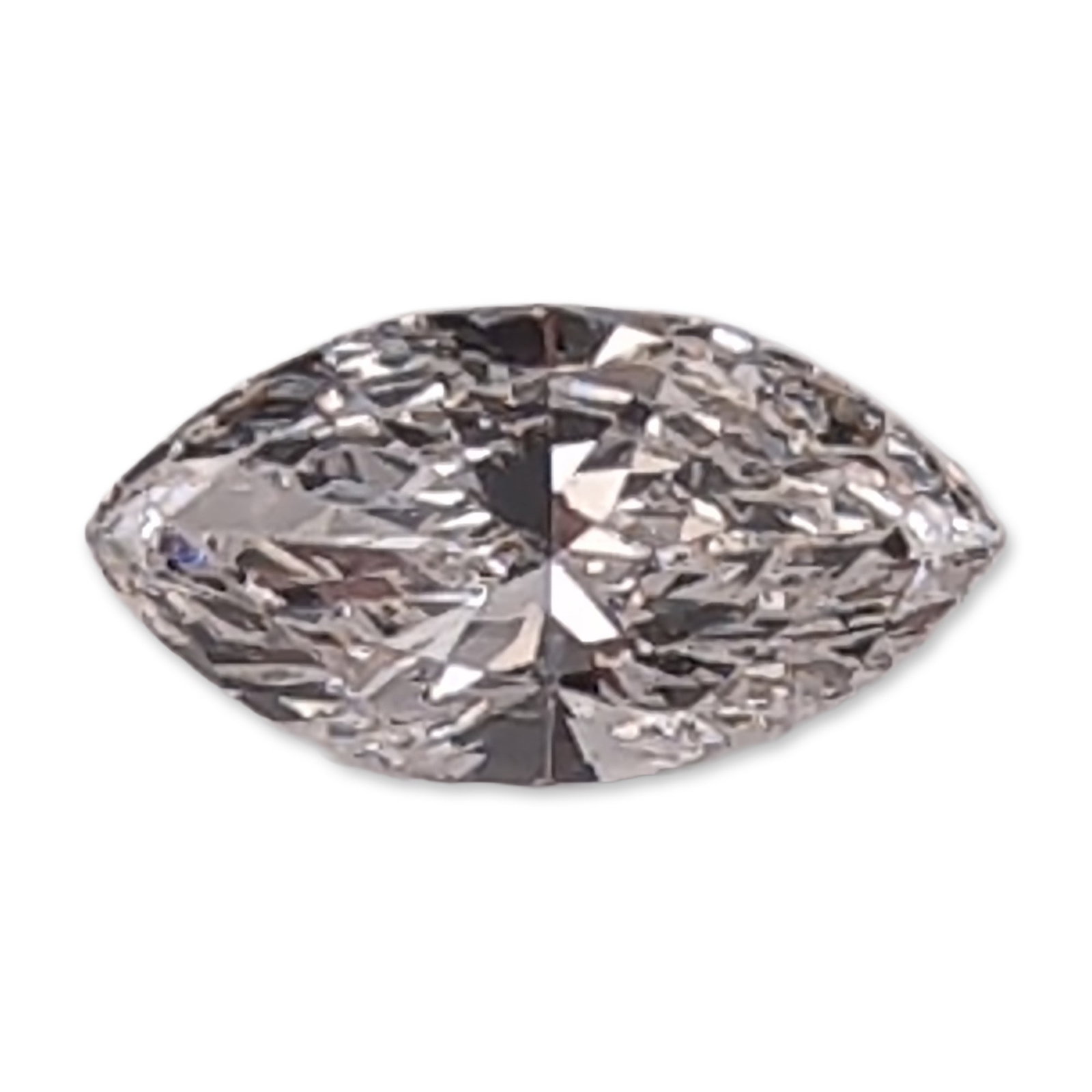 0.87ct Marquise Brilliant Cut Loose Diamond: Lab-grown, Marquise brilliant cut loose diamond featuring a symmetrical pointed-oval silhouette and faceted pavilion. It features an E color grade and VVS2 clarity. Weight: 0.87 carat. Dimensions:
