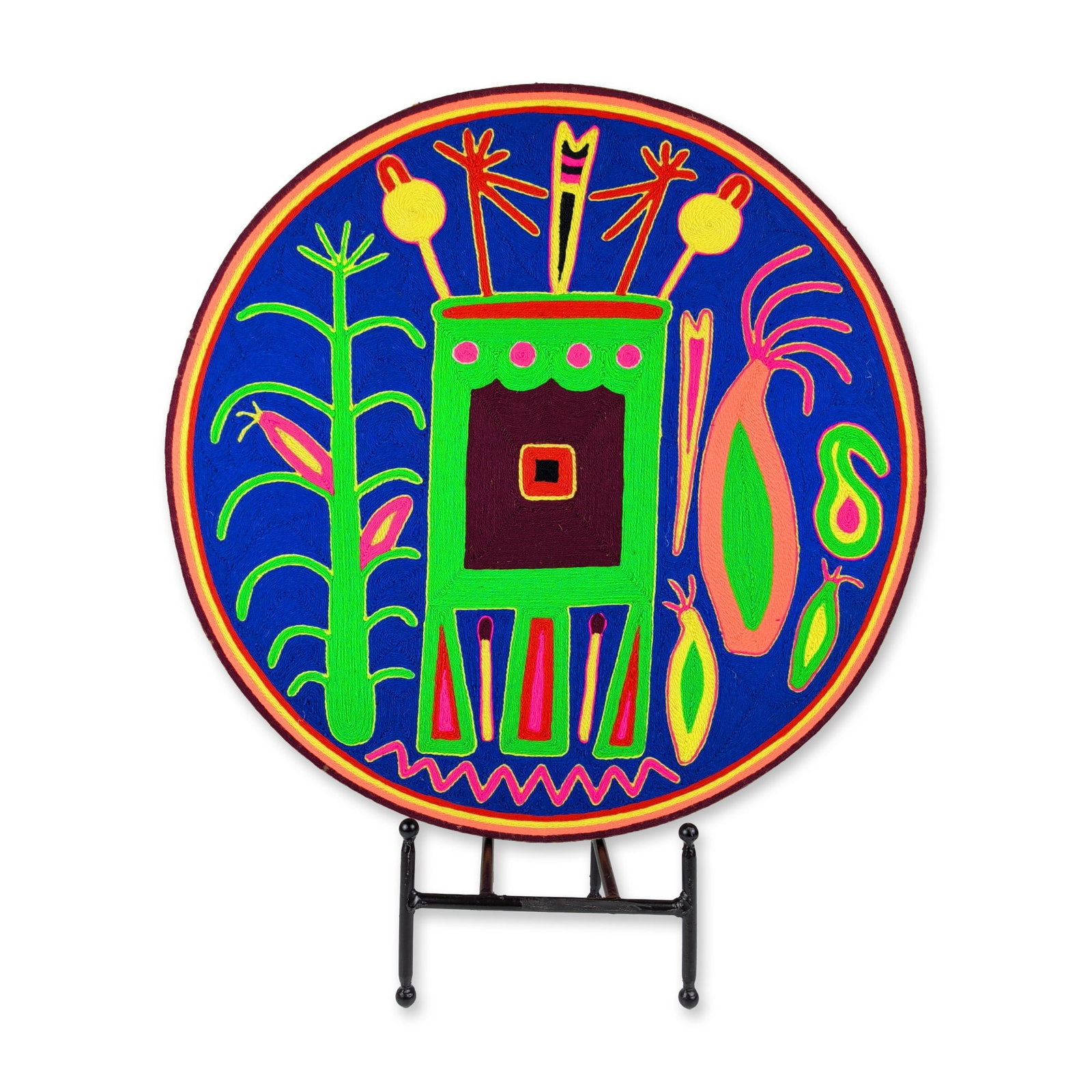 Huichol Mexican Folk Art Circular Shamanic Motif Nierika Yarn Painting: This contemporary Mexican Huichol folk art yarn painting is constructed with vibrant commercial yarn hand-pressed into adhesive on a circular composite board substrate. The asymmetrical composition