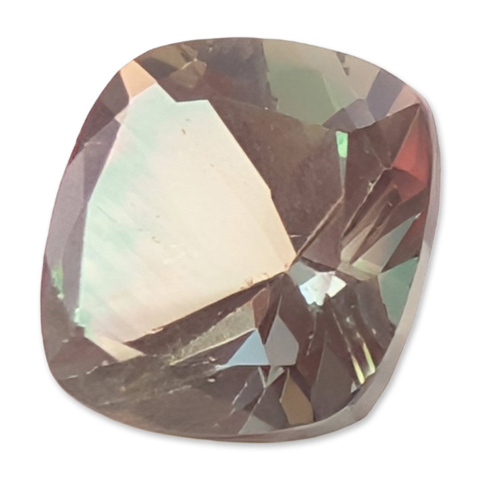Cushion Cut Color Change Stone: Loose cushion cut stone exhibiting a pronounced color change effect, shifting from forest green and teal tones to a purplish-red depending on the light source and viewing angle. The stone features a
