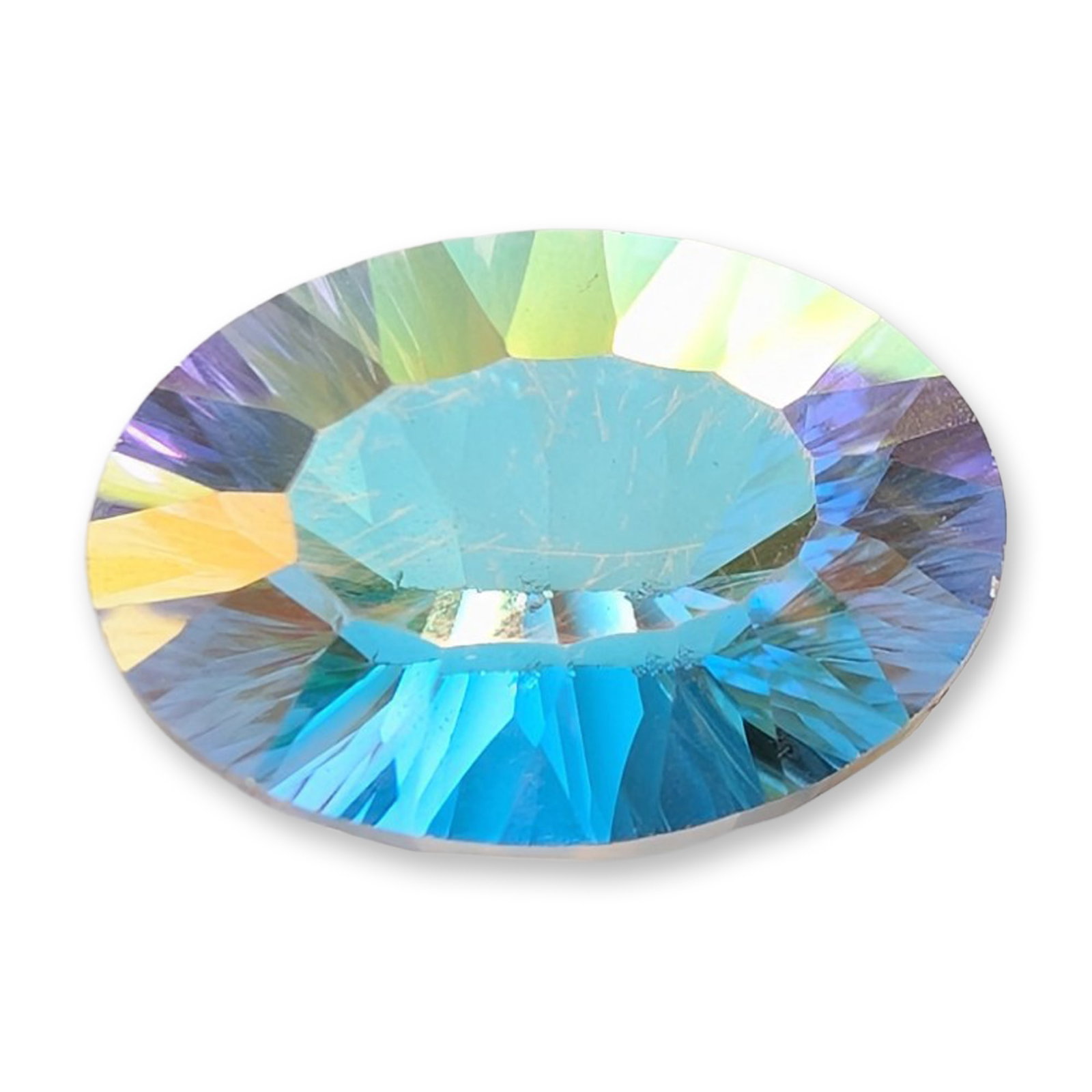Oval Faceted Mystic Topaz Loose Gemstone: Oval faceted loose gemstone appearing to be mystic topaz featuring multi-colored iridescence with tones of aqua blue, pale green, and golden-yellow. The iridescent effect is consistent with a thin-fil