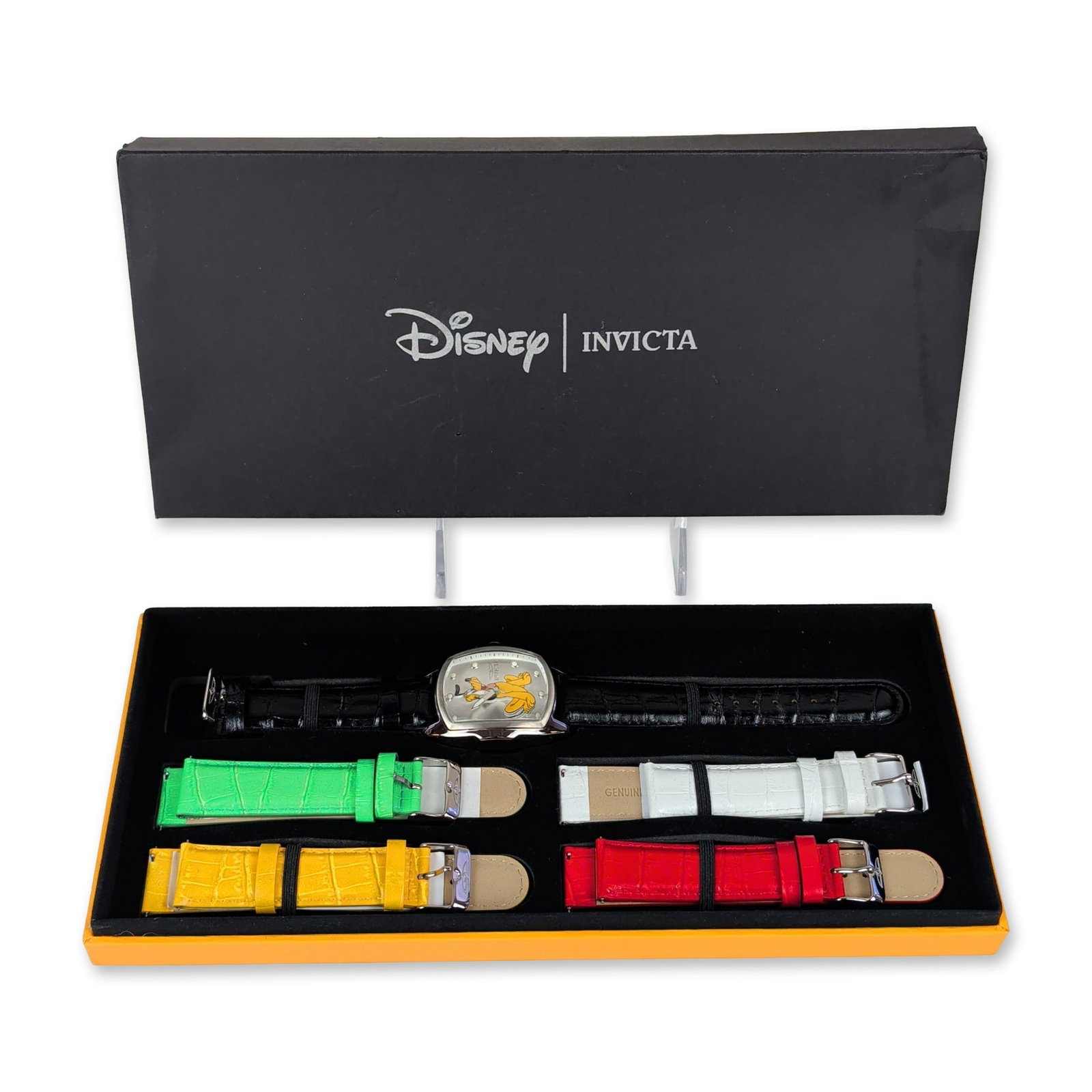 Invicta Disney Limited Edition Pluto Stainless Steel Wristwatch: This premium limited edition Disney collaboration wristwatch by Invicta, model 25317, showcases a tonneau-shaped stainless-steel case and high-performance flame-fusion crystal. The silver sunray dial 