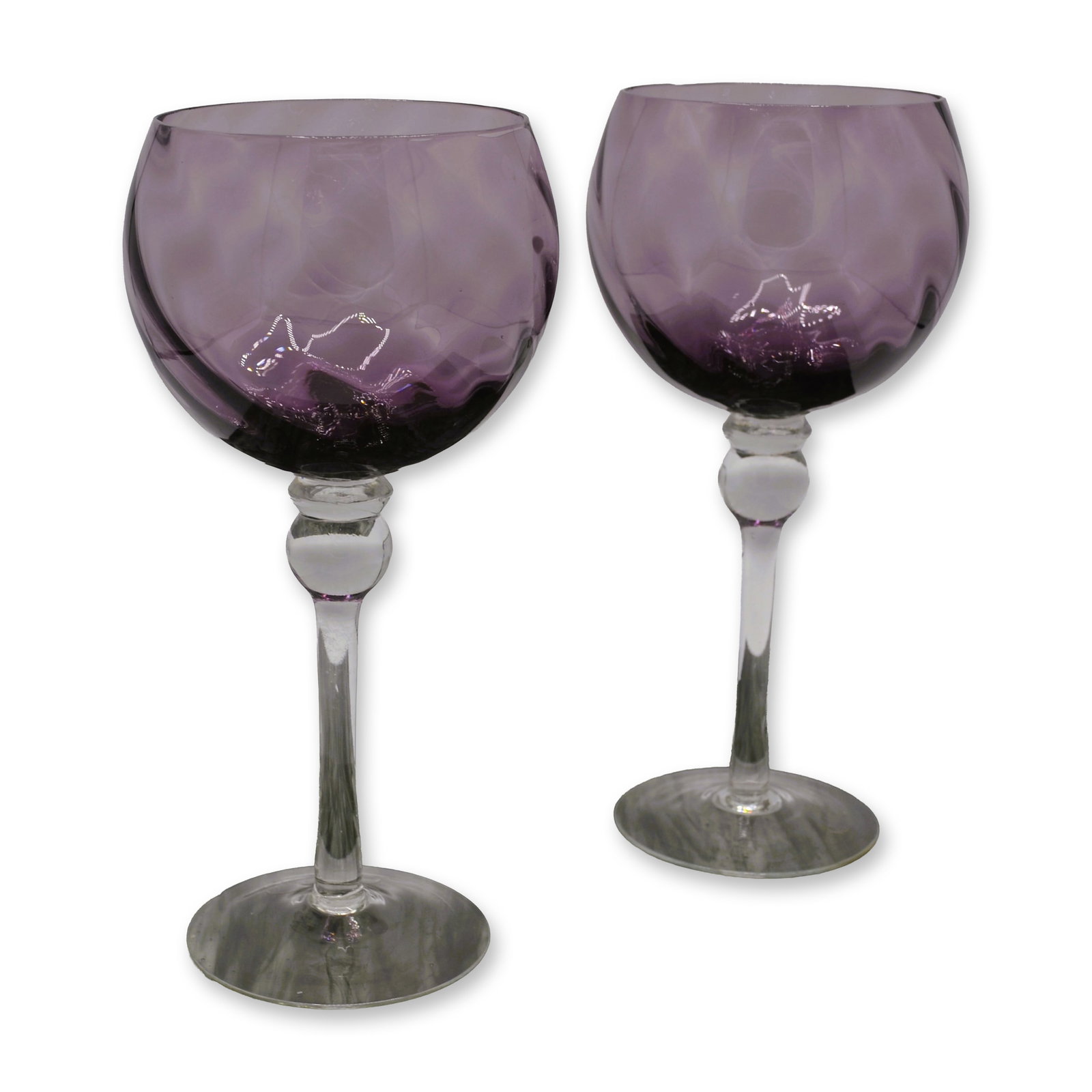 2Pc Royal Albert Lavender Bowl, Clear Ball Stem, Mouth Blown Wine Glasses, 8.75"H: 2Pc Royal Albert Lavender Bowl, Clear Ball Stem, Mouth Blown Wine Glasses, 8.75"H. Old Country Roses Formal Pattern by Royal Albert. A Two Piece Retired Set, mouth blown introduced in 2002 and retired