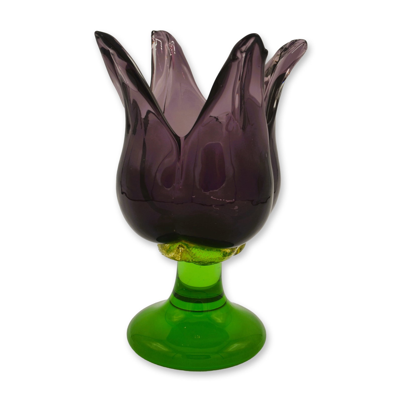 Bird Brain Art Glass Hand Blown Glass Tulip Vase, Purple W/Green Base: Individually Hand Blown Art Glass Tulip Vase by Bird Brain Studio Artists, issued in 2003, designed to enhance your Home & Gardens. This Hand-Blown Purple Colored Glass Tulip Vase sits atop a Green Co