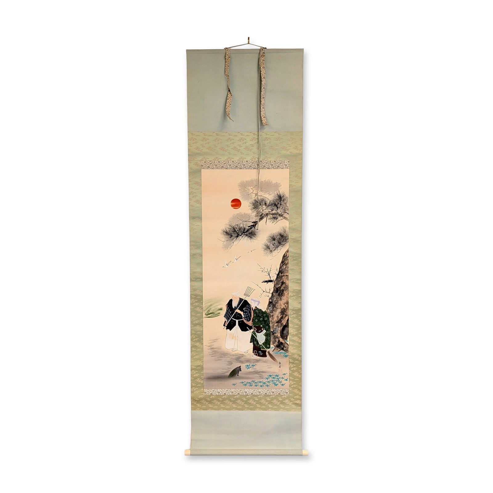 Japanese Hanging Scroll, Ink & Pigments on Paper Takasago, Signed w/ Seal: A hanging scroll in ink and color on rice paper featuring the Takasago theme with the figures Jo and Uba. The composition includes auspicious symbols such as a pine tree, plum blossoms, cranes, and a 