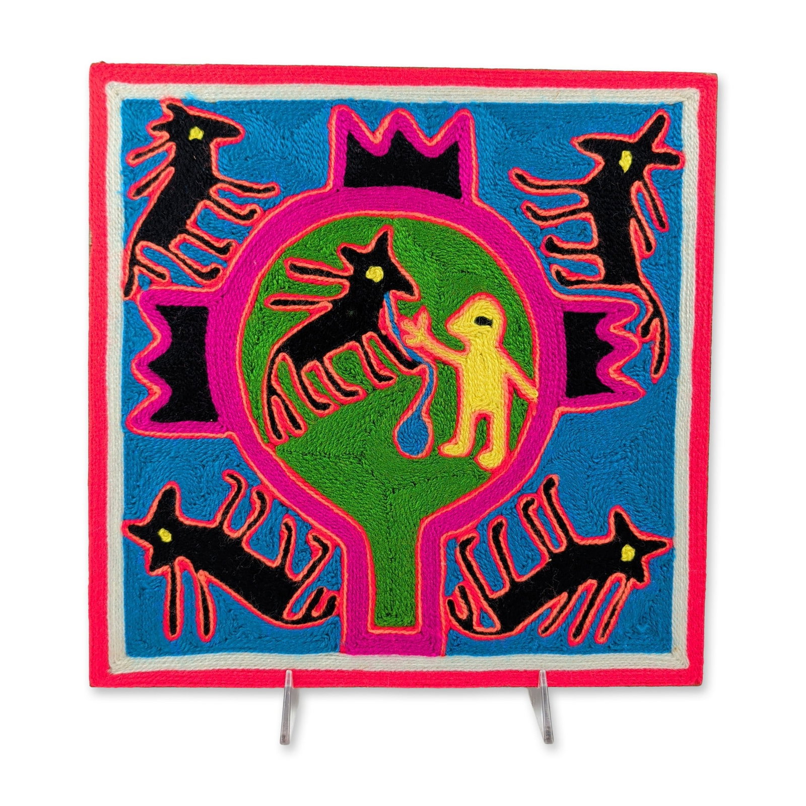 Huichol Mexican Folk Art Sacred Deer Mandala Nierika Yarn Painting: This square Mexican Huichol yarn painting features colored commercial yarn hand-pressed into a beeswax and resin layer on a fiberboard backing. The symmetrical narrative composition centers on a green