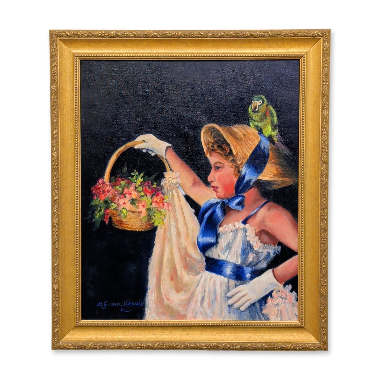 Madeline Gardner Meryash (American, 20th century), Young Woman with Parrot and Flower Basket: Madeline Gardner Meryash (American, 20th century). Oil on stretched canvas portrait depicting a young woman in profile wearing a wide-brimmed straw hat with a blue ribbon and a green parrot on her sho