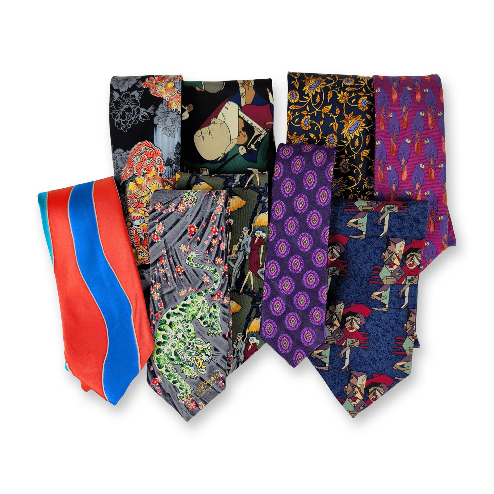 9pc Ed Hardy, Ted Baker & Assorted Novelty Silk Neckties: Collection of men's silk neckties featuring graphic, figural, geometric, and novelty motifs by various designers. Examples include a cubist-style figure motif by James Yann, wavy stripe pattern by Tel