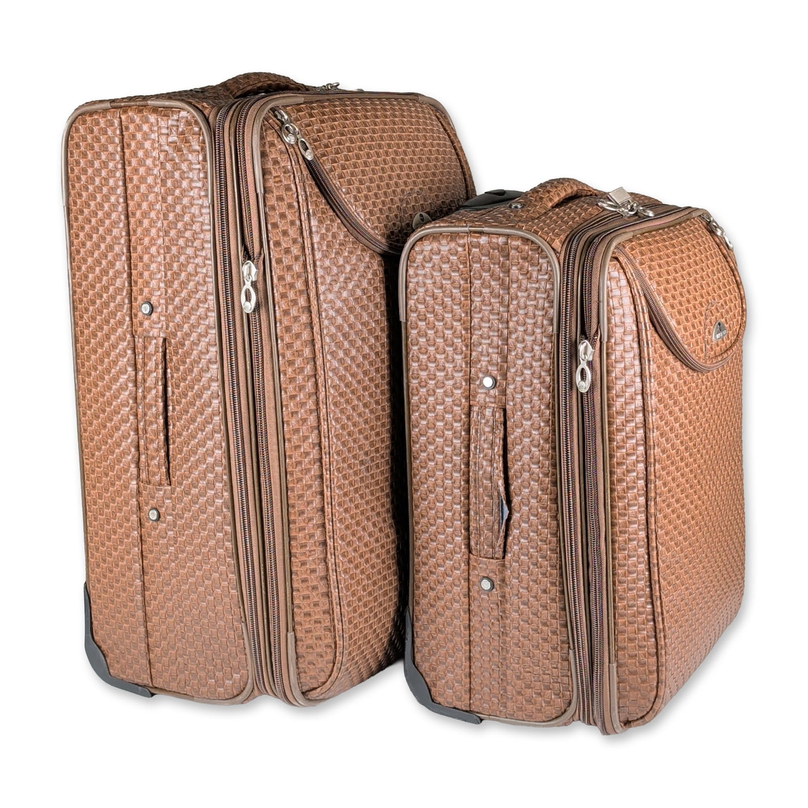 2pc American Flyer Rolling Luggage Set: American Flyer two piece nesting luggage set in brown synthetic material with an embossed basket weave texture. The set includes one large upright suitcase and one carry on size suitcase, both featuri