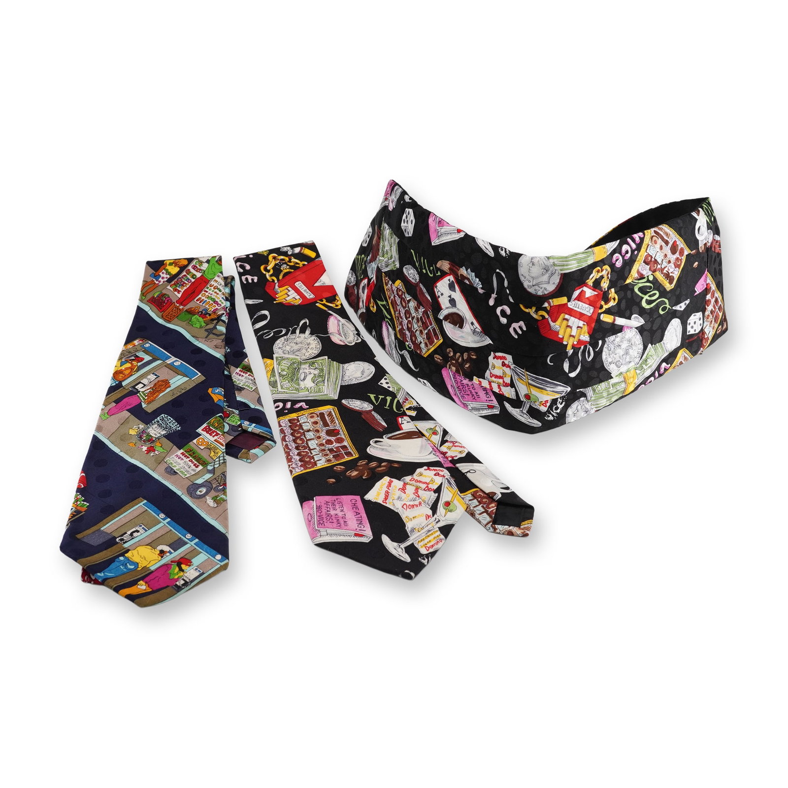 3pc Nicole Miller Neckties and Cummerbund Set: A three piece Nicole Miller set featuring two neckties and a matching cummerbund, each showcasing lively illustrated themes from the 1990s. The designs include playful street scenes and bold vice and