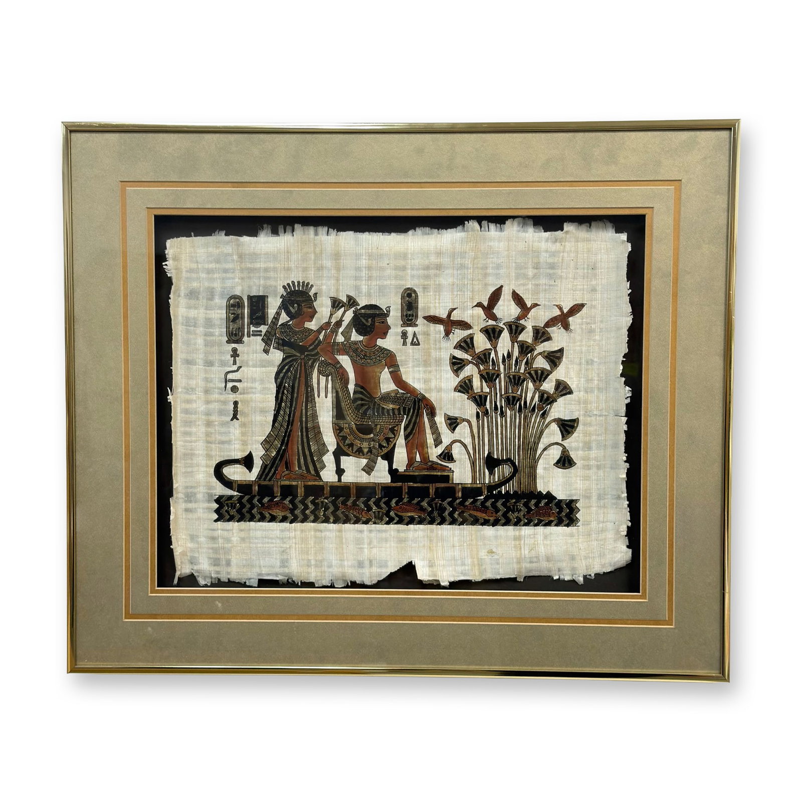 Egyptian School, 20th Century, Painting on Papyrus, Pharaoh and Queen: This hand-painted Egyptian revival scene on papyrus is produced by the ABW - EL - HOOL Papyrus Gallery, as indicated by the certificate on the verso. The composition features a pharaoh seated on a