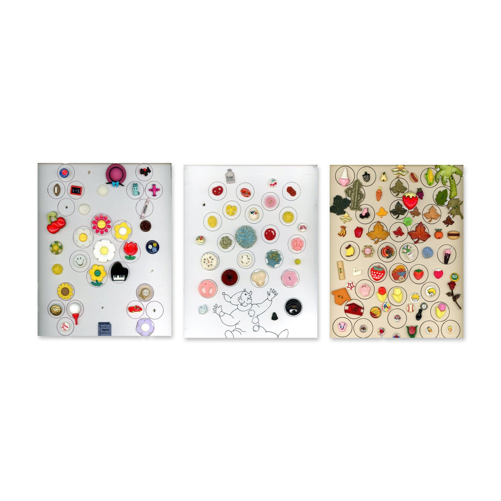 A LOT OF DIVISION THREE REALISTIC KIDDIE BUTTONS: 122 S/M/L assorted subject matter examples. These cards include animals, people, objects, plant life in a variety of colors and designs. Realistics, Goofies, Kiddie and more. Dimensions: SM=Less than