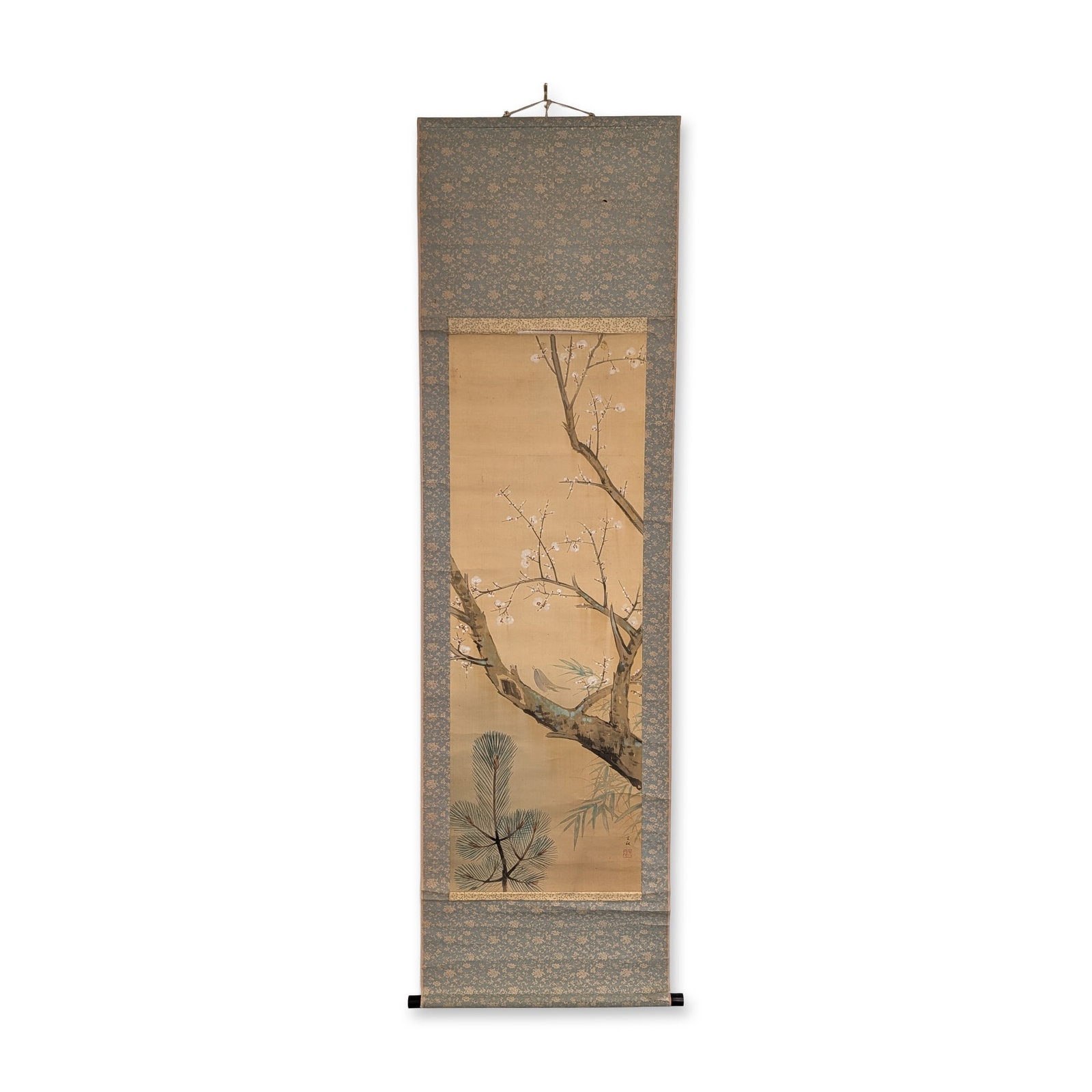 Japanese Silk Kacho-ga Hanging Scroll: Japanese hanging scroll, or kakejiku, in the bird-and-flower (kacho-ga), executed in ink and light color on silk. The composition depicts a bush warbler perched on a flowering plum branch accompanied 
