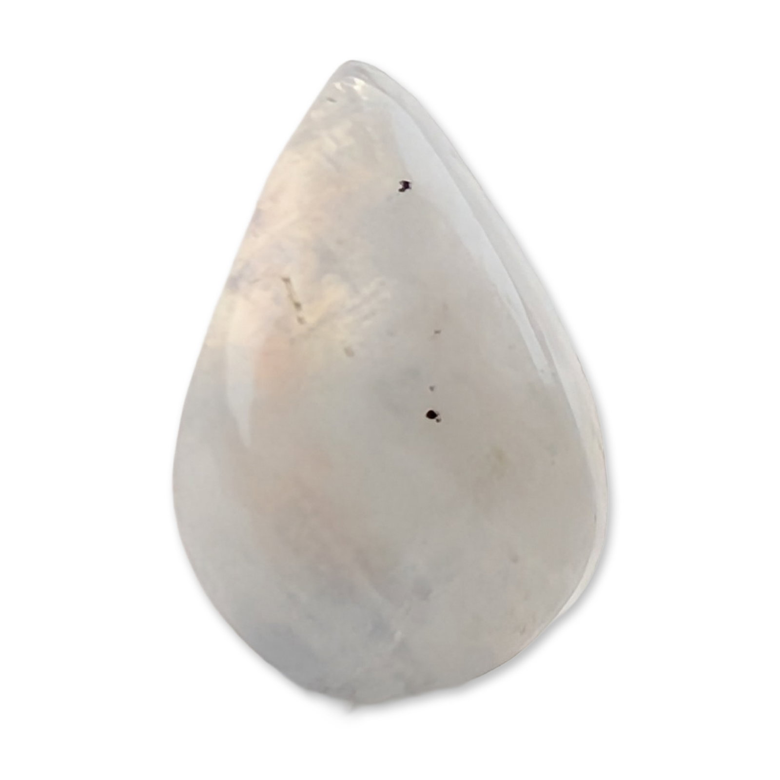 Rainbow Moonstone Pear Cabochon Gemstone: Loose gemstone, appears to be rainbow moonstone. Pear-shaped cabochon cut with a domed top and polished flat base. The stone exhibits a semi-translucent milky white body color with blue adularescence 