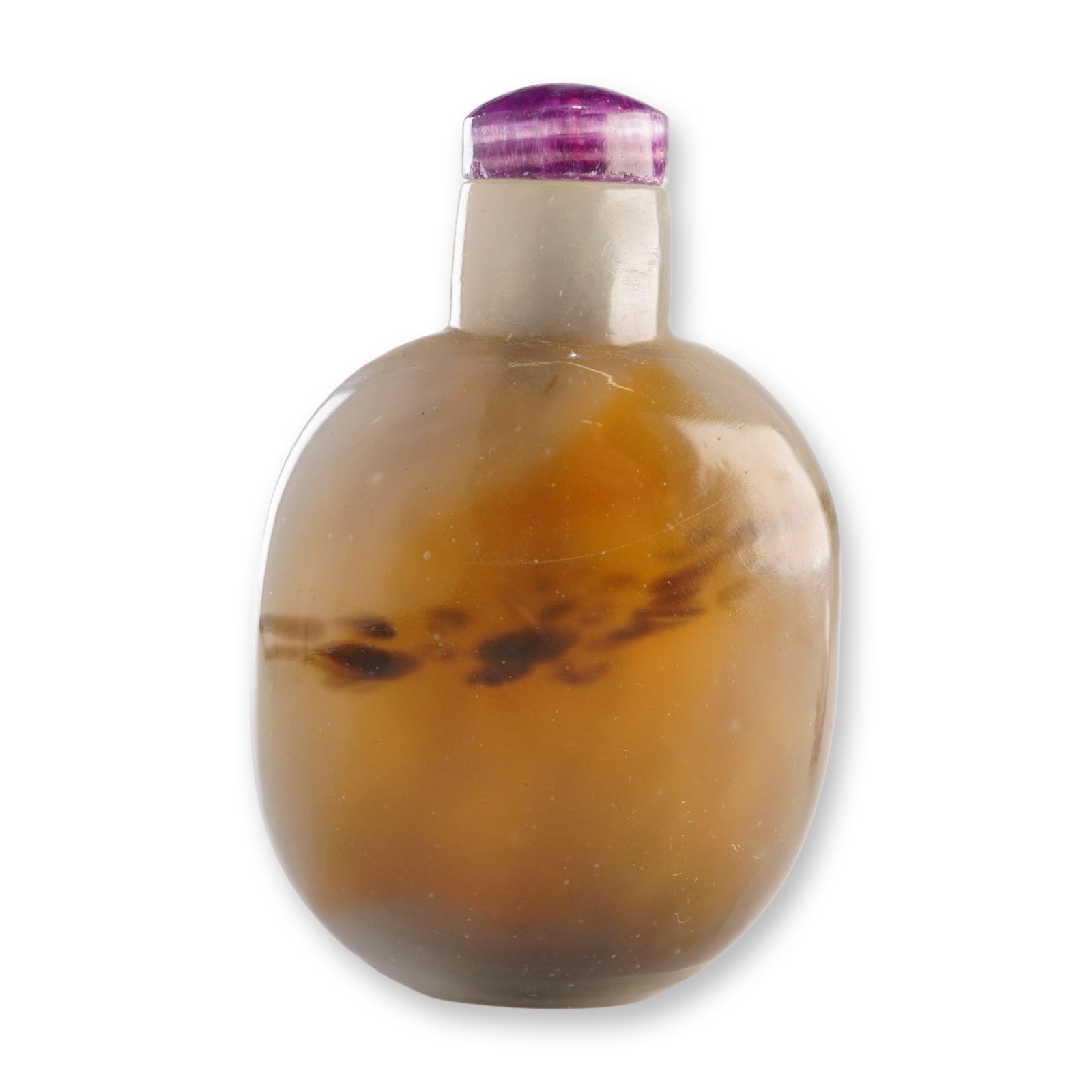Faux Agate Glass Snuff Bottle, Brown and Black: A smooth, rounded simulated Agate glass snuff bottle featuring hues of brown, gray, and black. It is topped with an amethyst-hued stopper. Dimensions: 2"L x 1"W x 2.75"H Weight: 1.5 oz