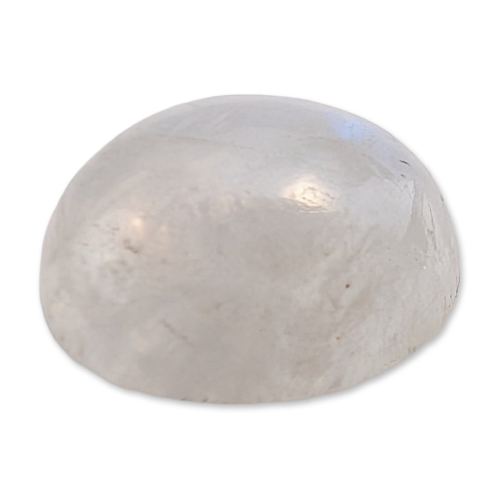 Round High Domed Moonstone Cabochon: Loose gemstone that appears to be a moonstone. Round high-domed cabochon featuring a translucent milky white body with faint blue adularescence. 1.8 ct, approximately 8 mm in diameter. Dimensions: 8mm
