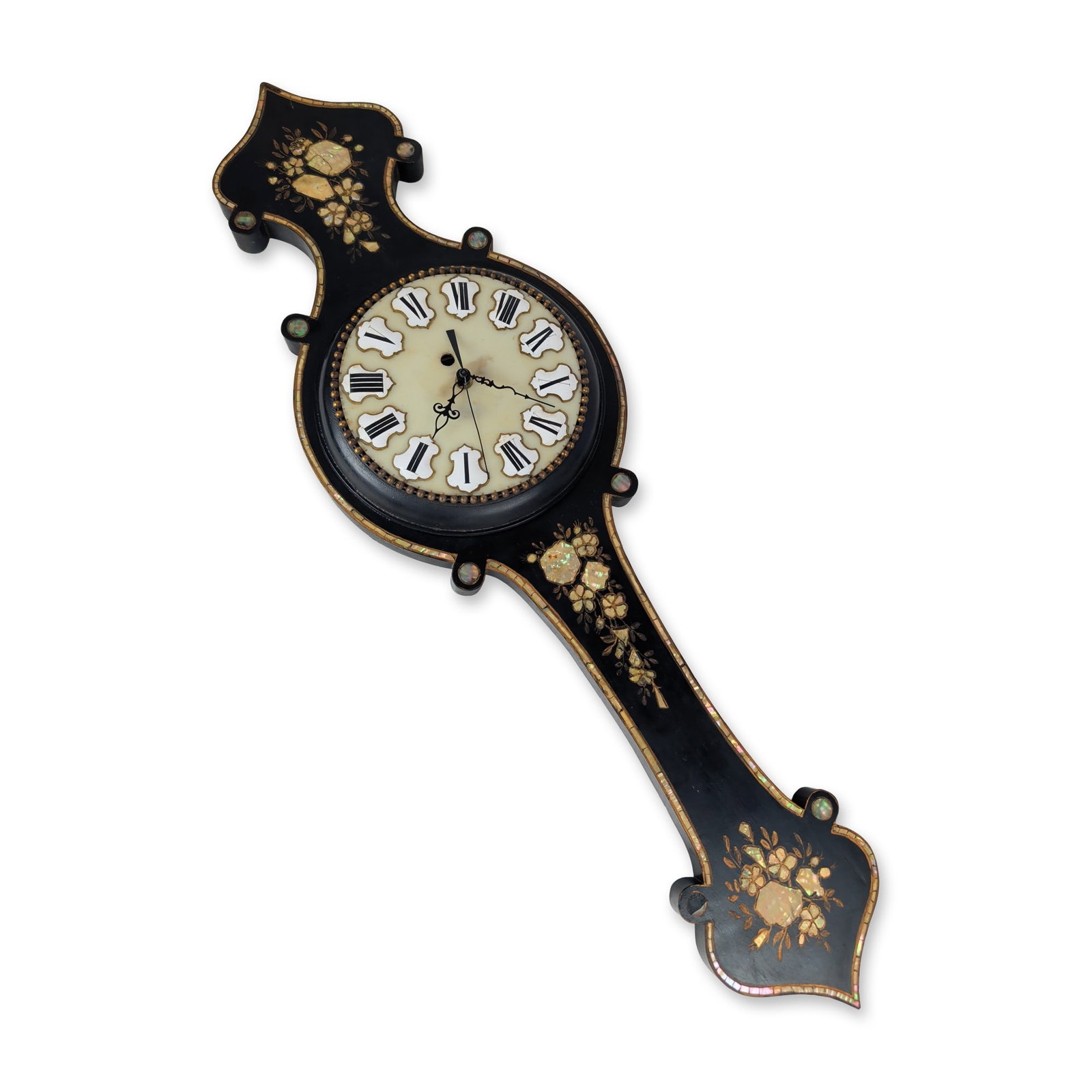 Napoleon III Style Mother-of-Pearl Inlaid Wall Clock: Napoleon III style wall clock in black lacquered wood featuring an elongated, waisted case with scalloped edges. The surface is decorated with floral mother-of-pearl inlays, a tessellated border, and 