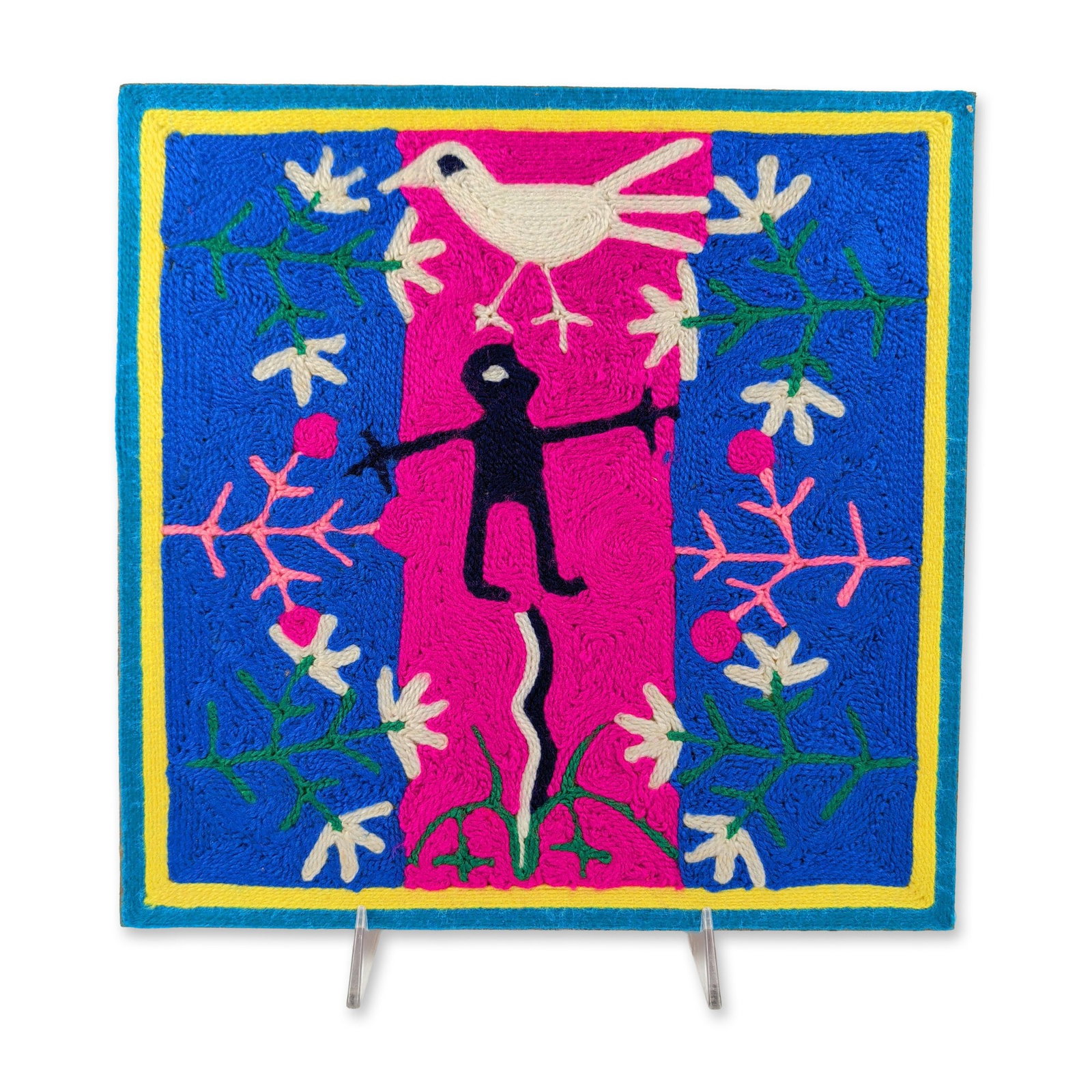 Otilio Lopez Pinedo Huichol Yarn Painting: Huichol (Wixarika) yarn painting by Otilio Lopez Pinedo, composed of multi-colored yarn pressed into beeswax on a square hardboard support. The composition features a central black anthropomorphic fig