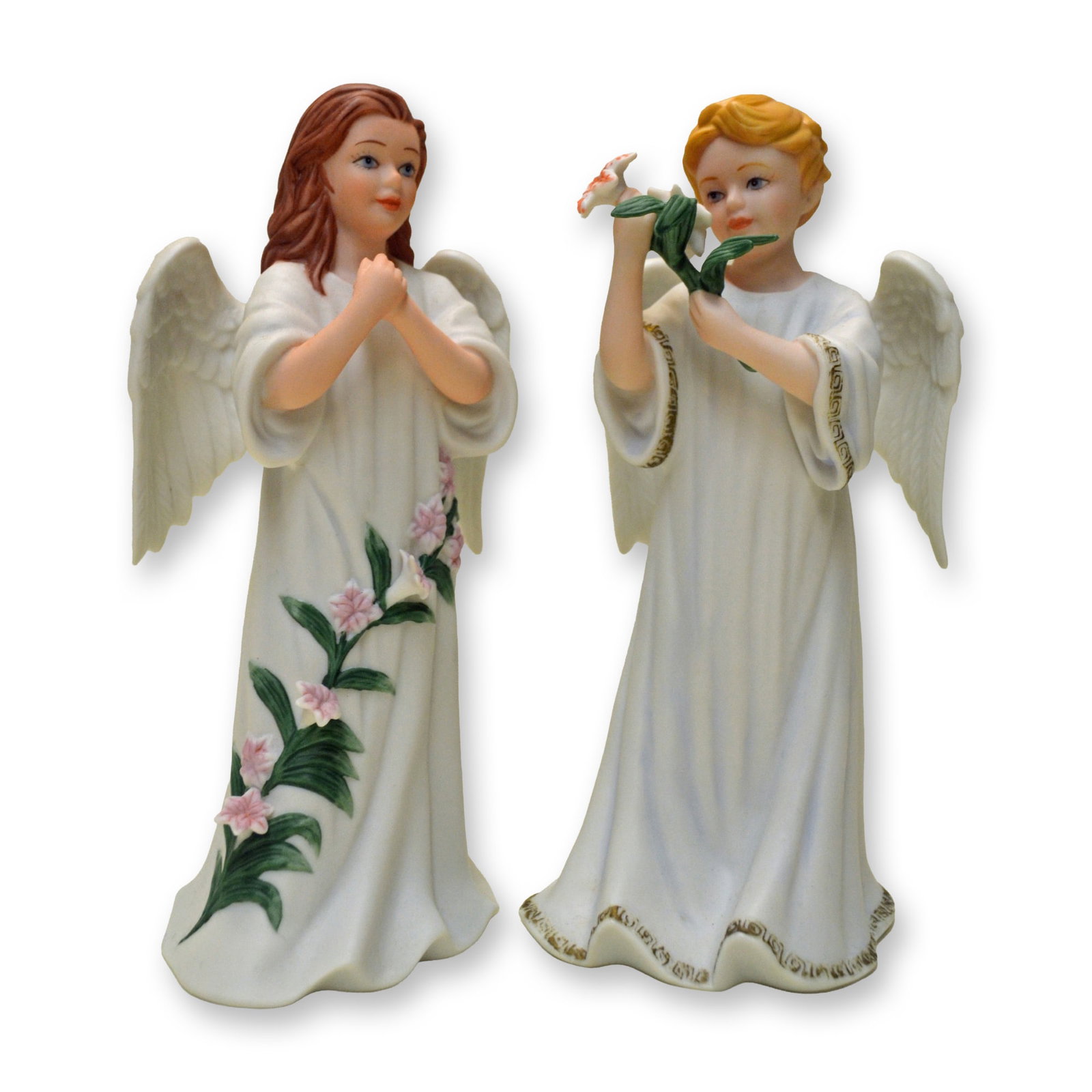 2Pc RNR Muriel & Michael Porcelain Angel Figurines, 2006: Bisque Porcelain Decorated, hand created, hand painted Pair of Angels featuring "Michael" Strength of God Angel Figurine and "Muriel" Angel of Emotions from the Inspirational Collection, RNR Gifts.