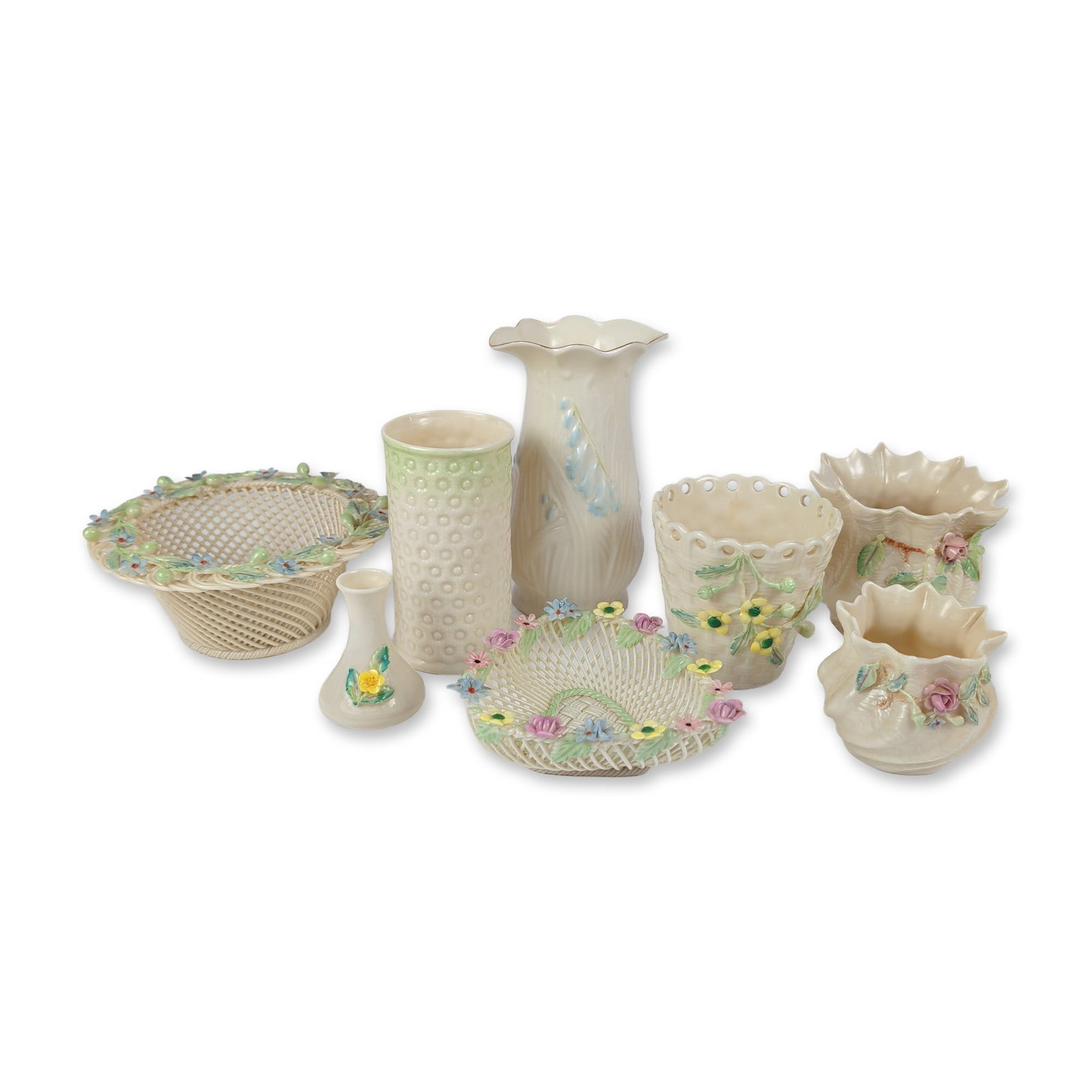 8pc Belleek Parian Porcelain Vases, Bowls, and Baskets (1 of 6)
