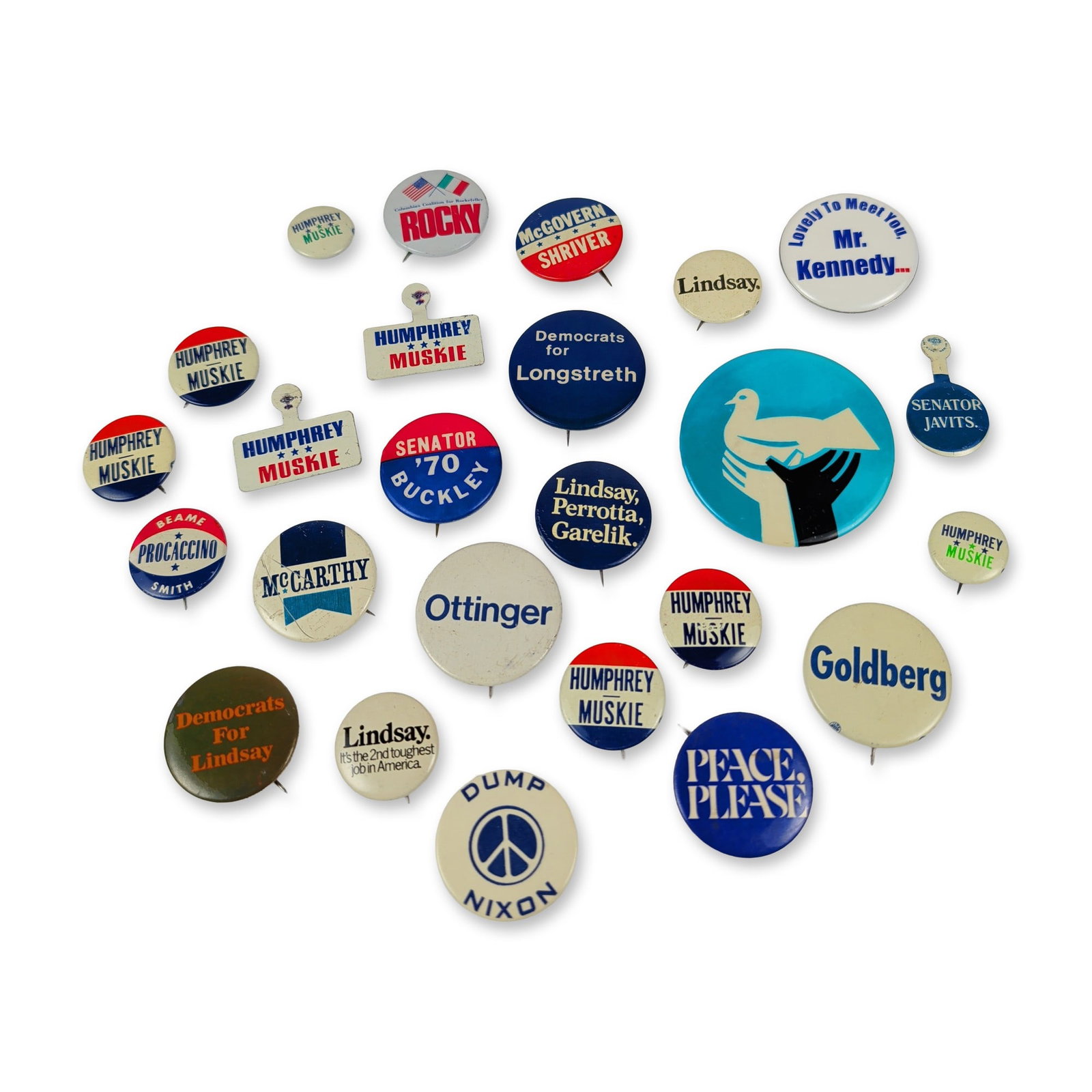 26pc Vintage Political Campaign and Protest Buttons: Collection of twenty-six lithographed metal pinback and tab buttons, circa 1964??"1972, relating primarily to United States presidential, senatorial, and New York regional elections. The group include