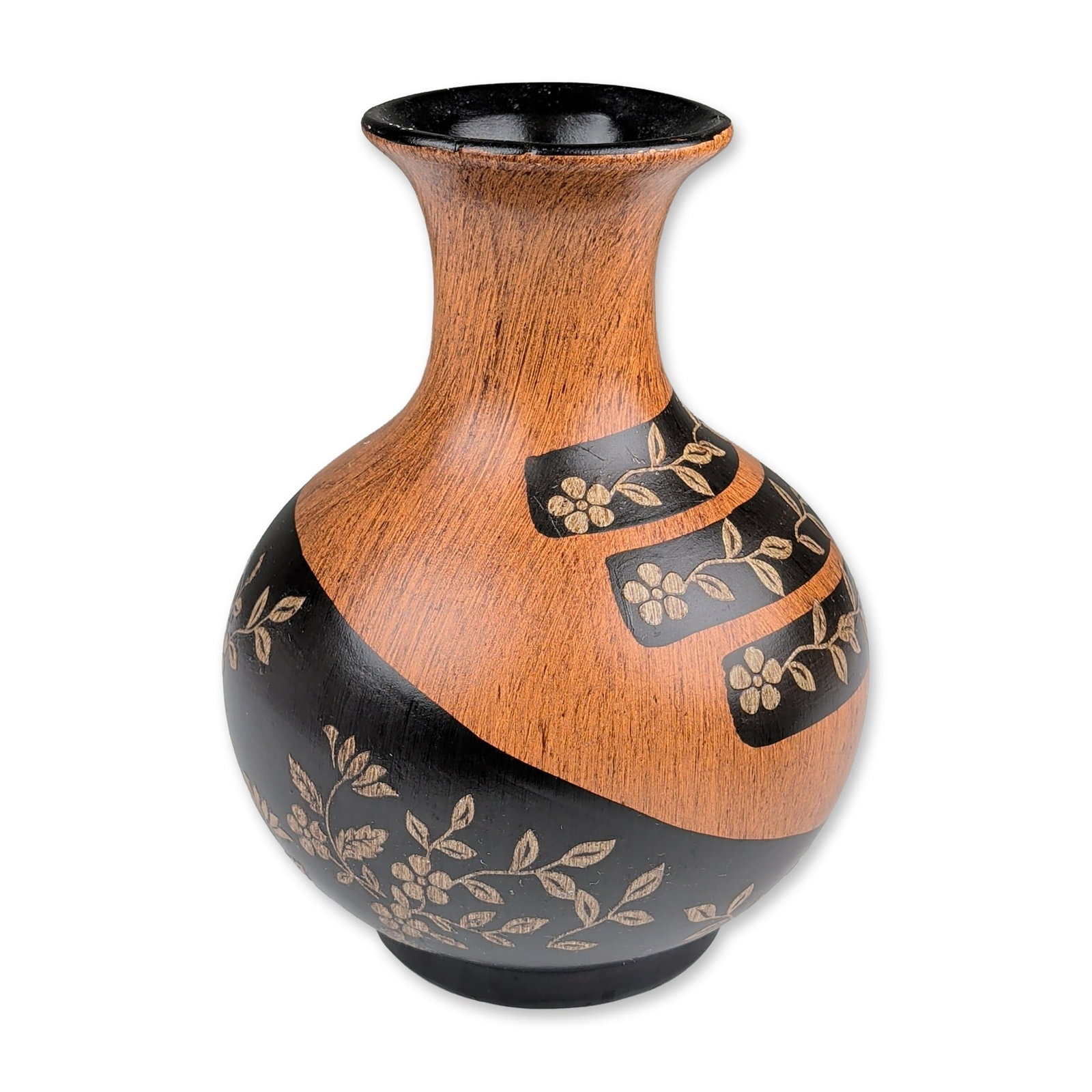 Asian Faux-Bois and Sgraffito Floral Vase: Ceramic vase with a bulbous body, narrow neck, and flared rim. The exterior features a combination of hand-painted faux-bois wood grain decoration in brown and matte black slip. The black sections