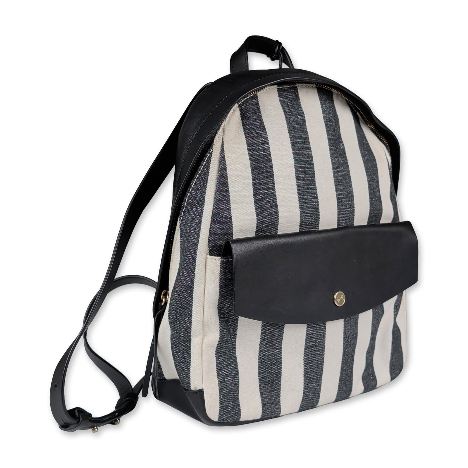 Skagen Aften Striped Canvas and Leather Backpack: A Skagen Aften backpack constructed with a heavy-weight black and off-white striped canvas body and black leather trim. The design includes a leather base, top handle, front flap, and adjustable shoul
