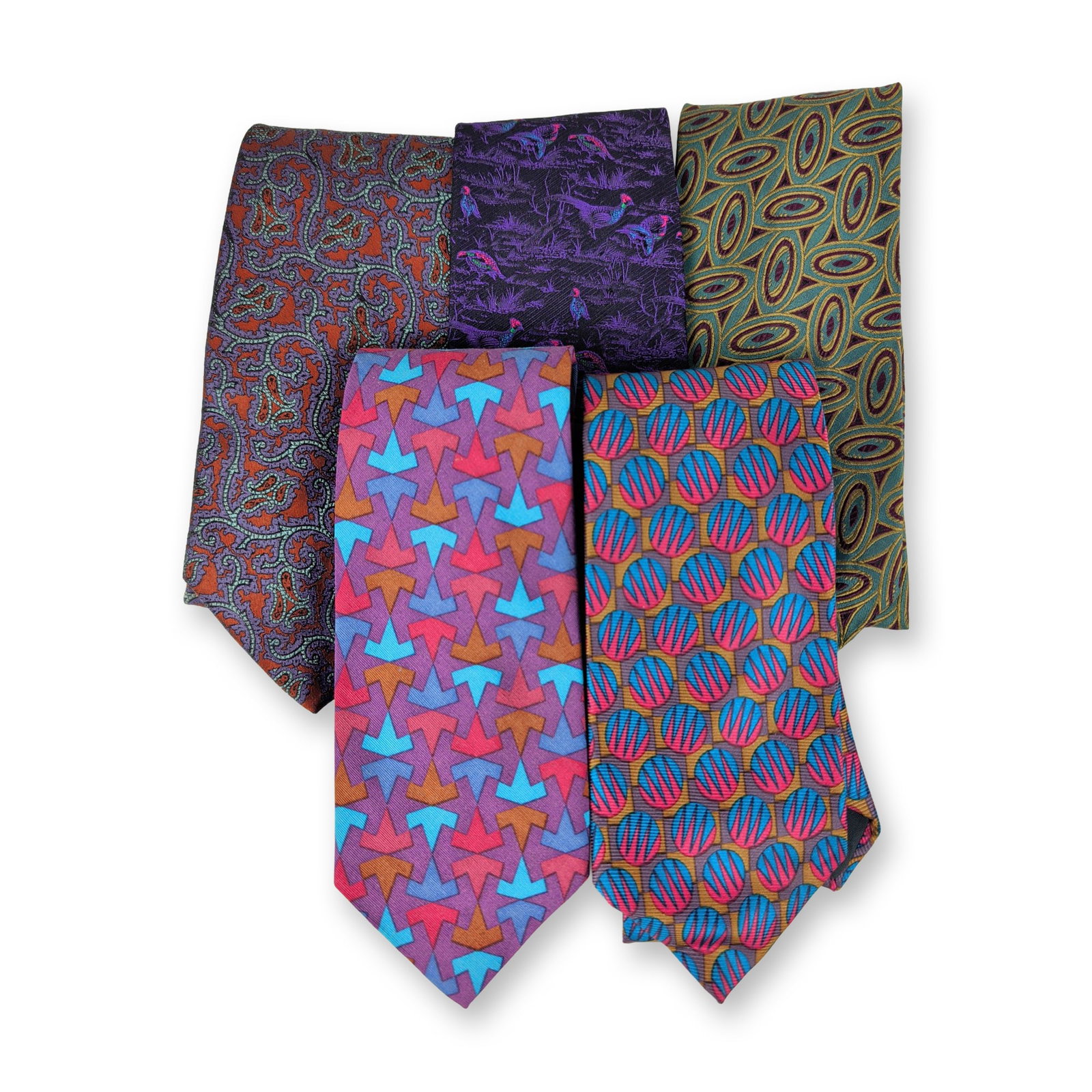 5pc Alexander Julian & Unbranded Assorted Silk Neckties: Collection of Alexander Julian men's neckties featuring geometric, botanical, and animal motifs in 100% silk. Designs include overlapping olive and teal ovals, checkered circular patterns,