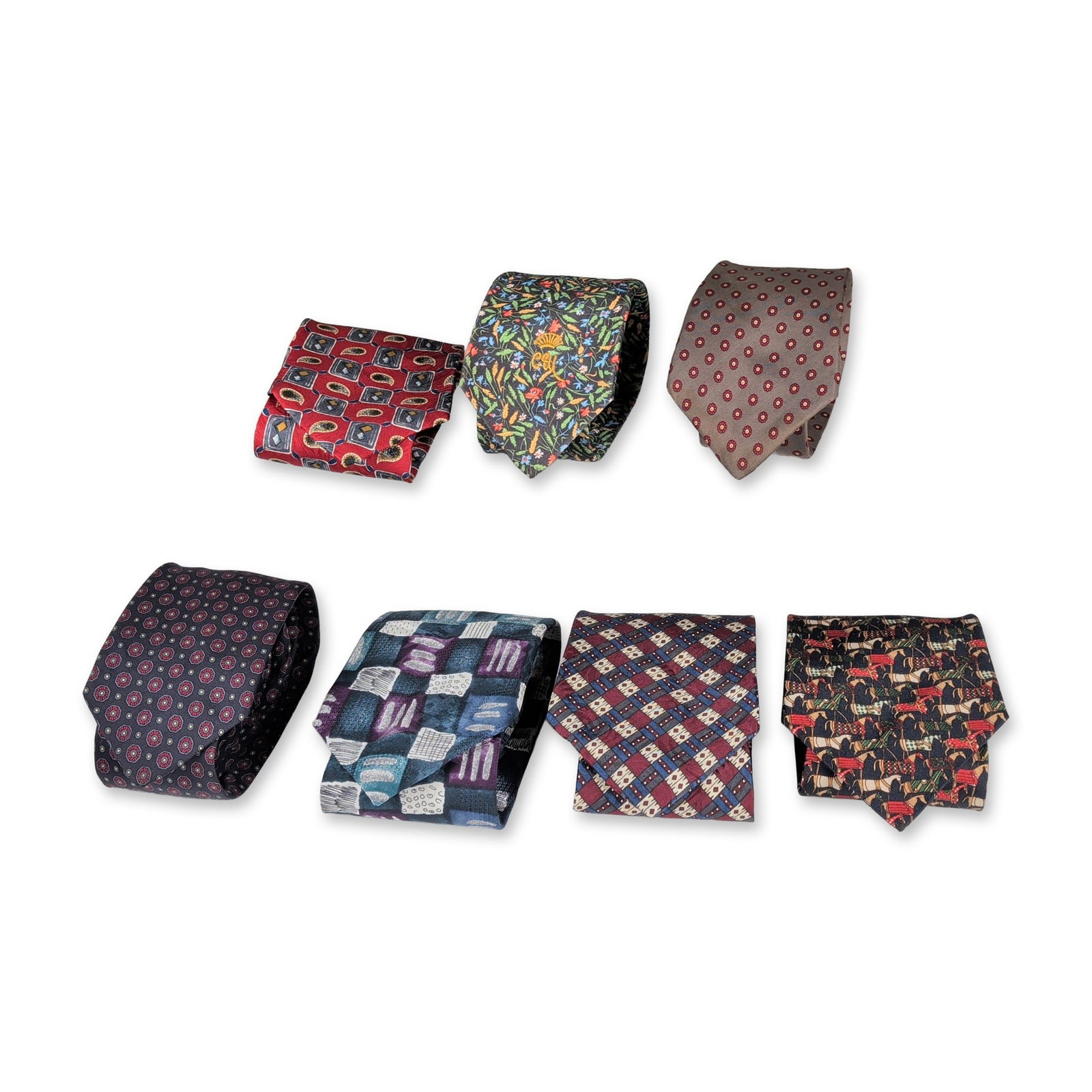 7pc Assortment of Men's Designer Ties: An assortment of seven men's neckties featuring varied geometric, floral, and novelty patterns. The group includes three examples by Boston Traders: a red ground tie with grey and blue geometric