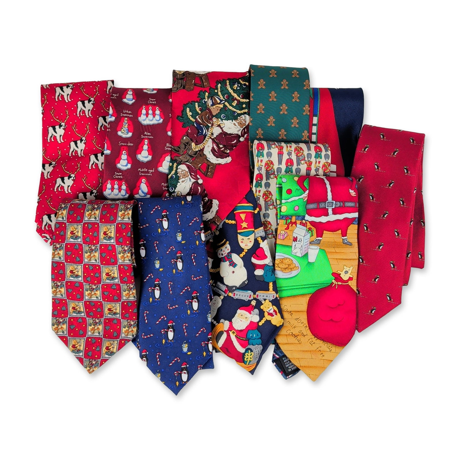 11pc V2 by Versace, Tommy Hilfiger & Assorted Christmas Neckties: Collection of men's seasonal neckties in silk and synthetic-blend fabrics featuring Christmas and winter-themed motifs. Designs include skiing penguins, toy soldiers, Santa Claus scenes, and a Winnie