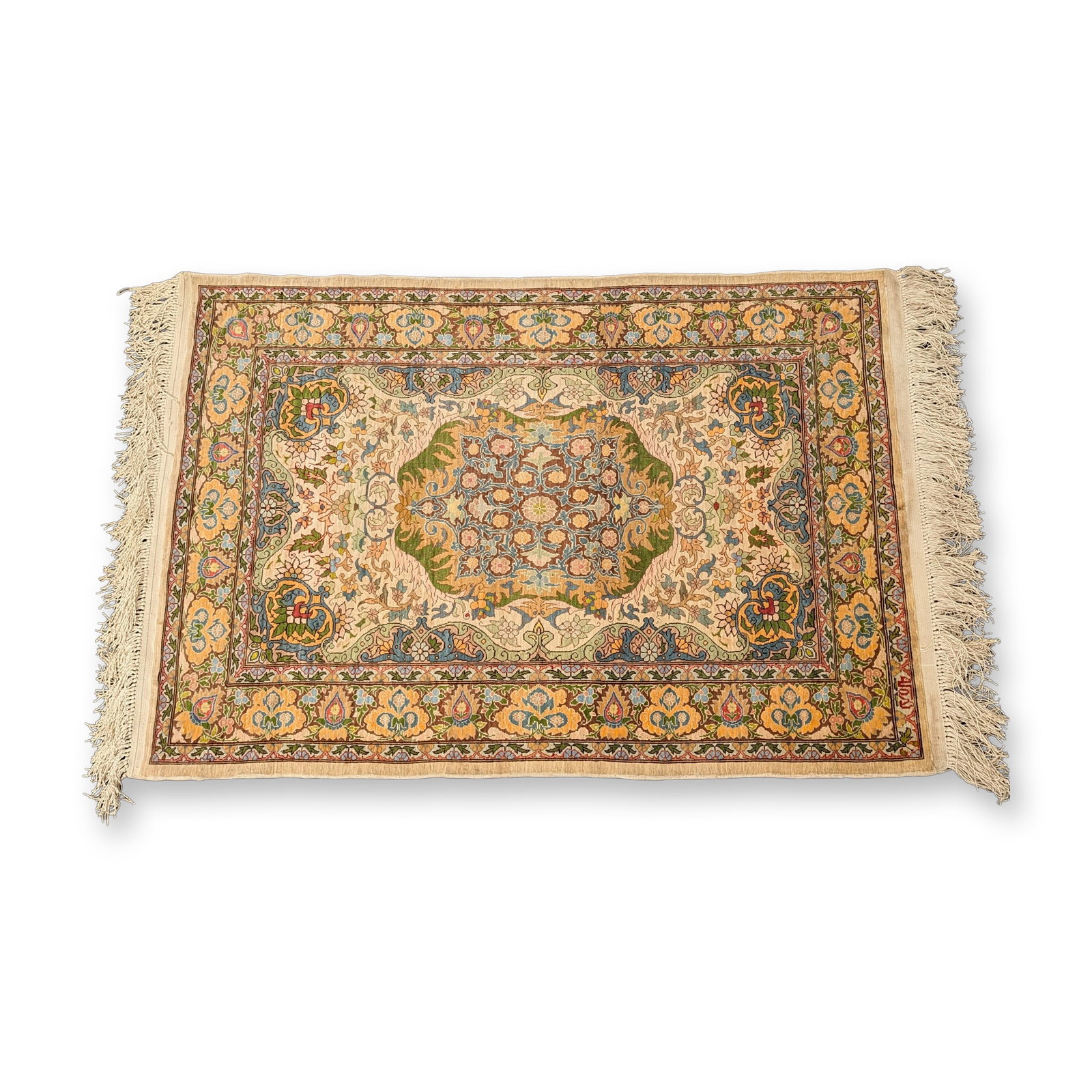 Turkish Hereke Silk on Silk Hand Knotted Prayer Floral Rug: Turkish Hereke hand-knotted rug in silk pile on a silk foundation, featuring a lobed central medallion in forest green, terracotta, and tan tones set against a cream field. The composition includes de