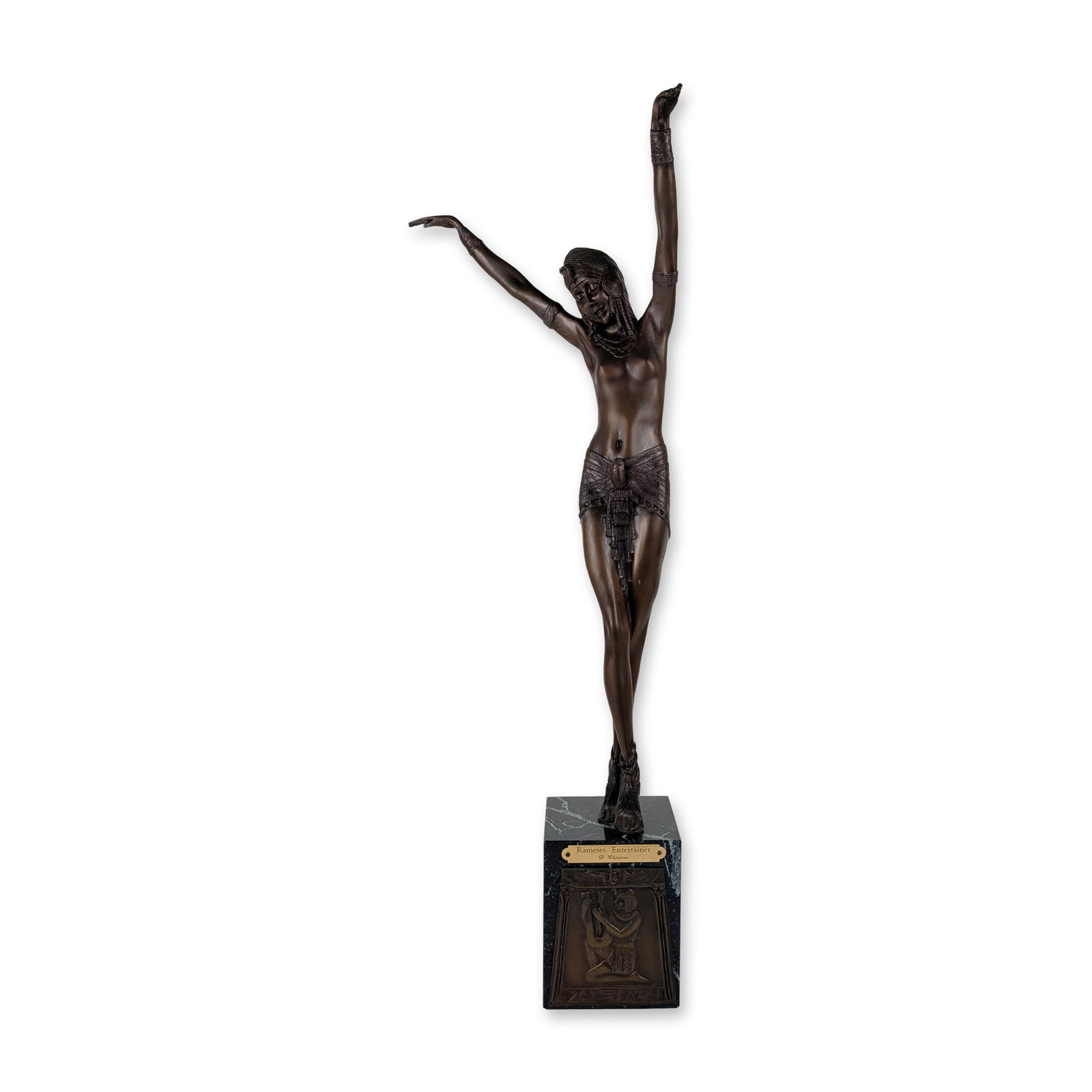 After Demetre Chiparus (Romanian/French, 1886-1947), Rameses Entertainer Art Deco Style Solid Cast: After Demetre Chiparus (Romanian/French, 1886-1947). Rameses Entertainer sculpture in the Egyptian Revival style, depicting a slender female dancer in an elongated pose with raised arms and crossed an