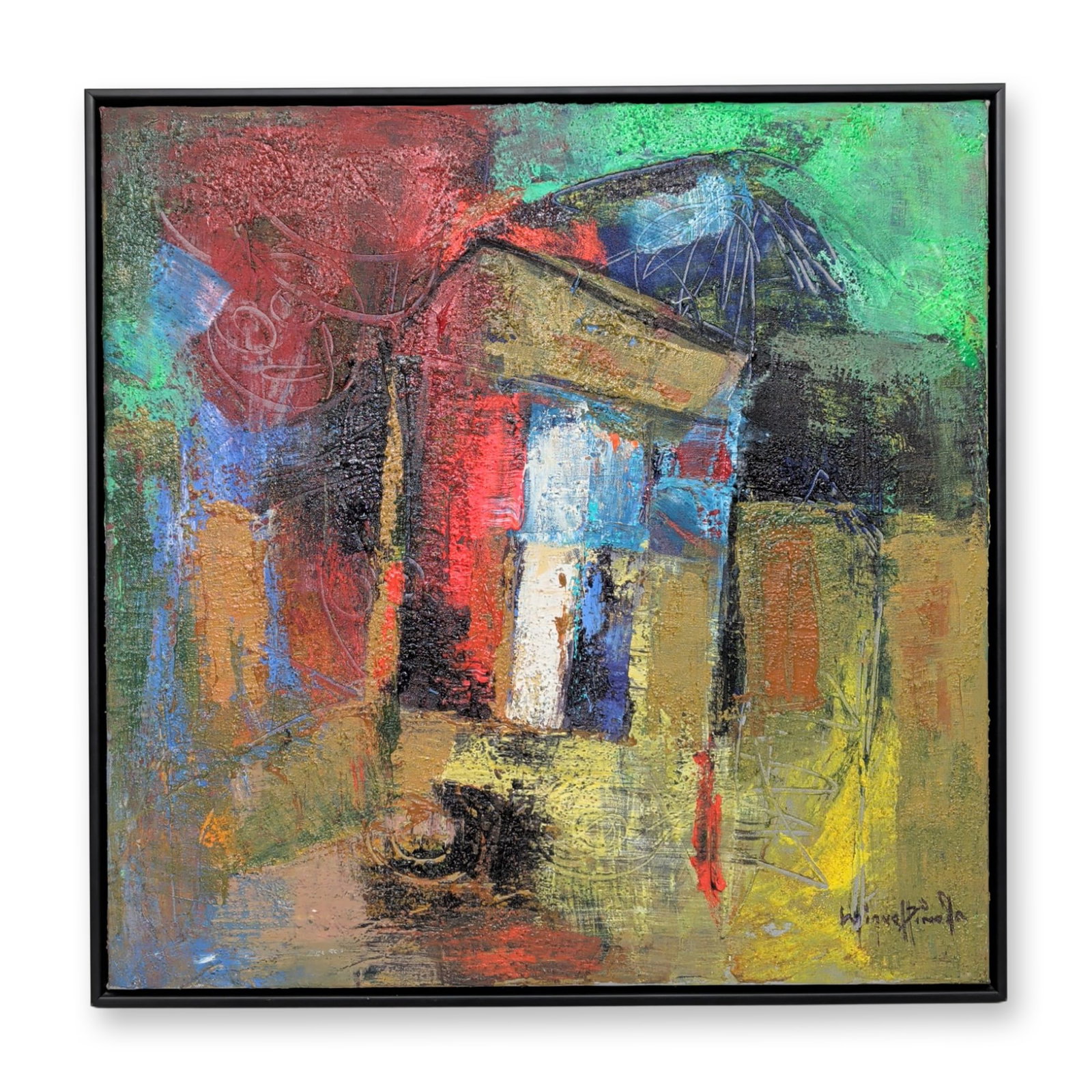 Miguel Pineda (Dominican Republic b. 1962) Mixed Media on Canvas, Recuerdo, Signed: Miguel Pineda (Dominican b. 1962) Abstract composition titled Recuerdo (Landscape) in mixed media on canvas. The work utilizes a palette of primary red, yellow, and blue tones balanced by deep black a
