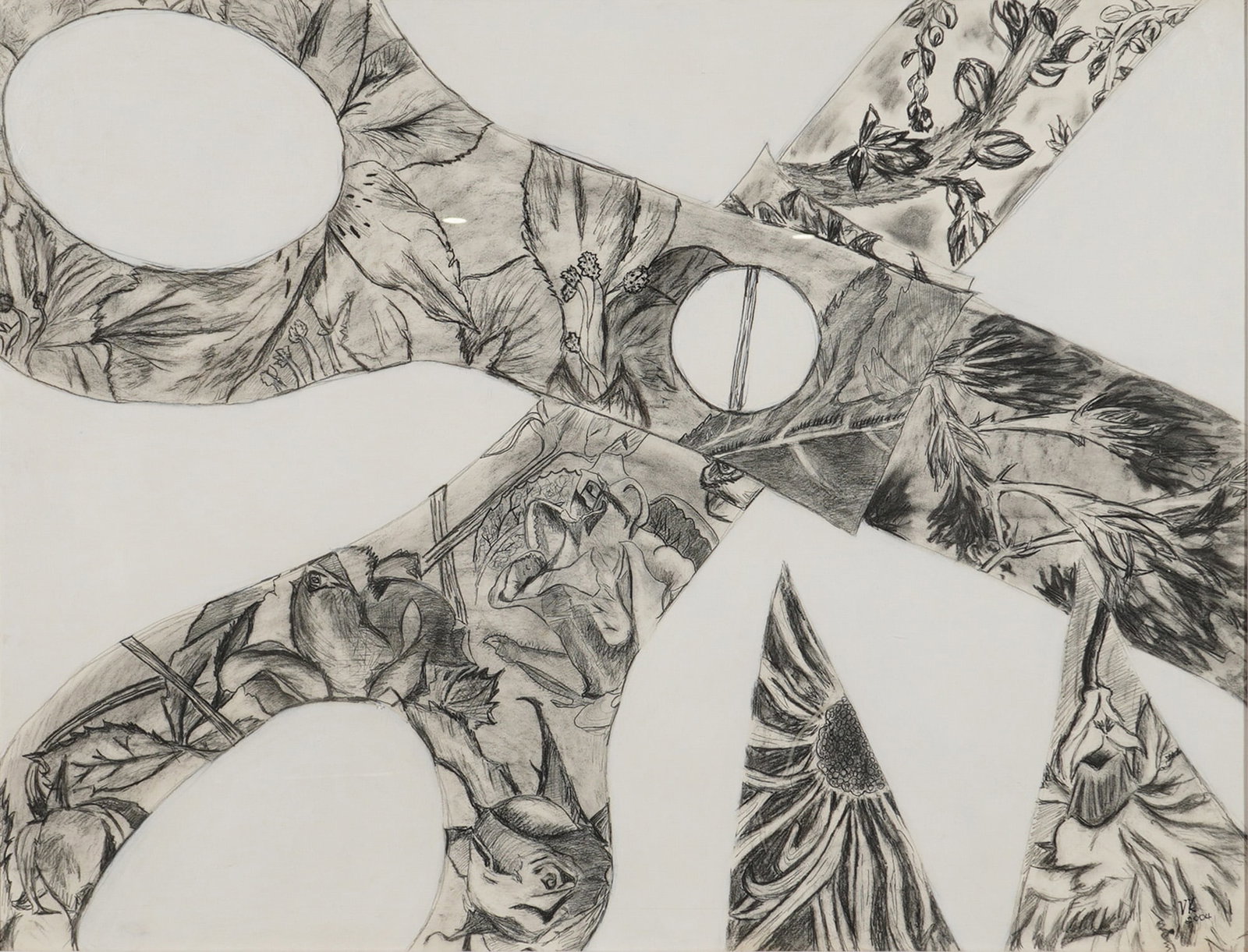 Framed Pastel & Graphite Drawing of Scissors w/ Botanical Designs: This framed original drawing on paper is executed in a combination of pastel and graphite. The composition features a conceptual depiction of the silhouette of a pair of scissors, with the interior