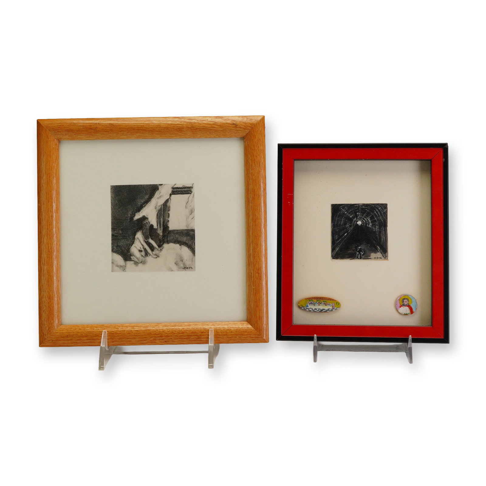 2pc Rafael Aleph Framed Acrylic and Etched Artworks: A collection of three works by the artist Rafael Aleph, presented in two frames. The first is a black-and-red frame housing three pieces: a moody acrylic painting of a figure in a dark, arched