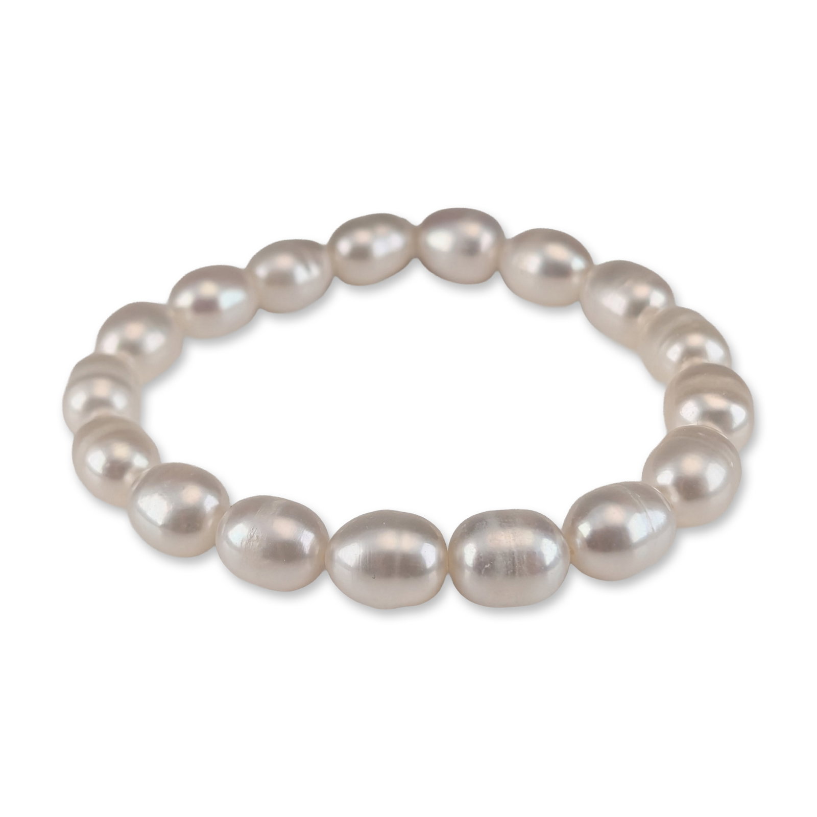 Freshwater Cultured Pearl Stretch Bracelet: A freshwater cultured pearl stretch bracelet featuring 17 large off-round to oval pearls strung on an elasticated cord. The pearls are white in color with characteristic surface luster and iridescent