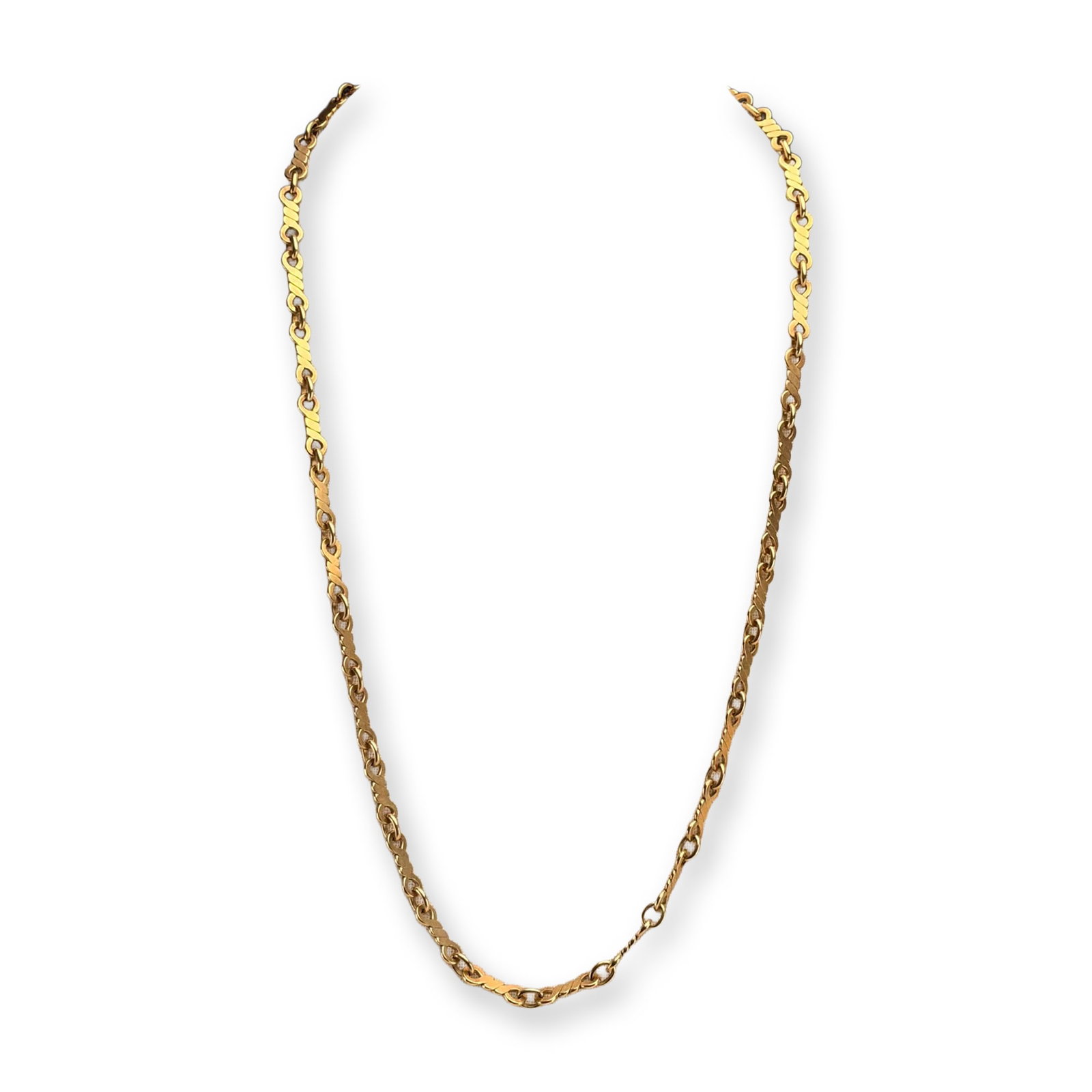 Cartier 18K Gold Infinity Link Chain Necklace, circa 1969: Authentic Cartier 18K yellow gold necklace circa 1969, made in Italy. The necklace features repeating interlocking links in a stylized figure-eight or infinity shape. Each primary link is designed wit