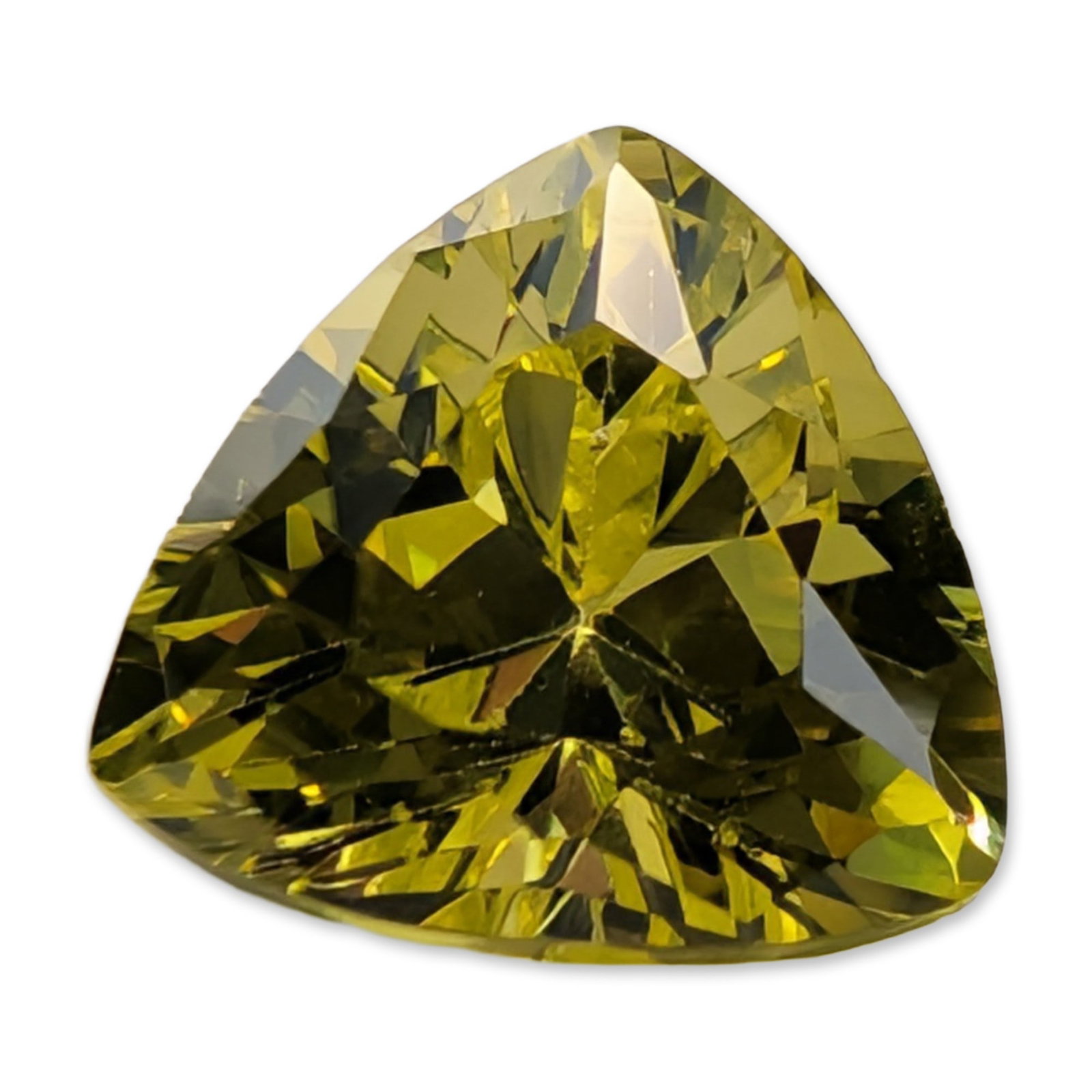 Trillion Cut Greenish-Yellow Loose Stone: Loose faceted stone faceted in a trillion cut, exhibiting a vibrant greenish-yellow color. It features a high crown and a deep pavilion designed for internal light reflection. Clarity appears eye-clea