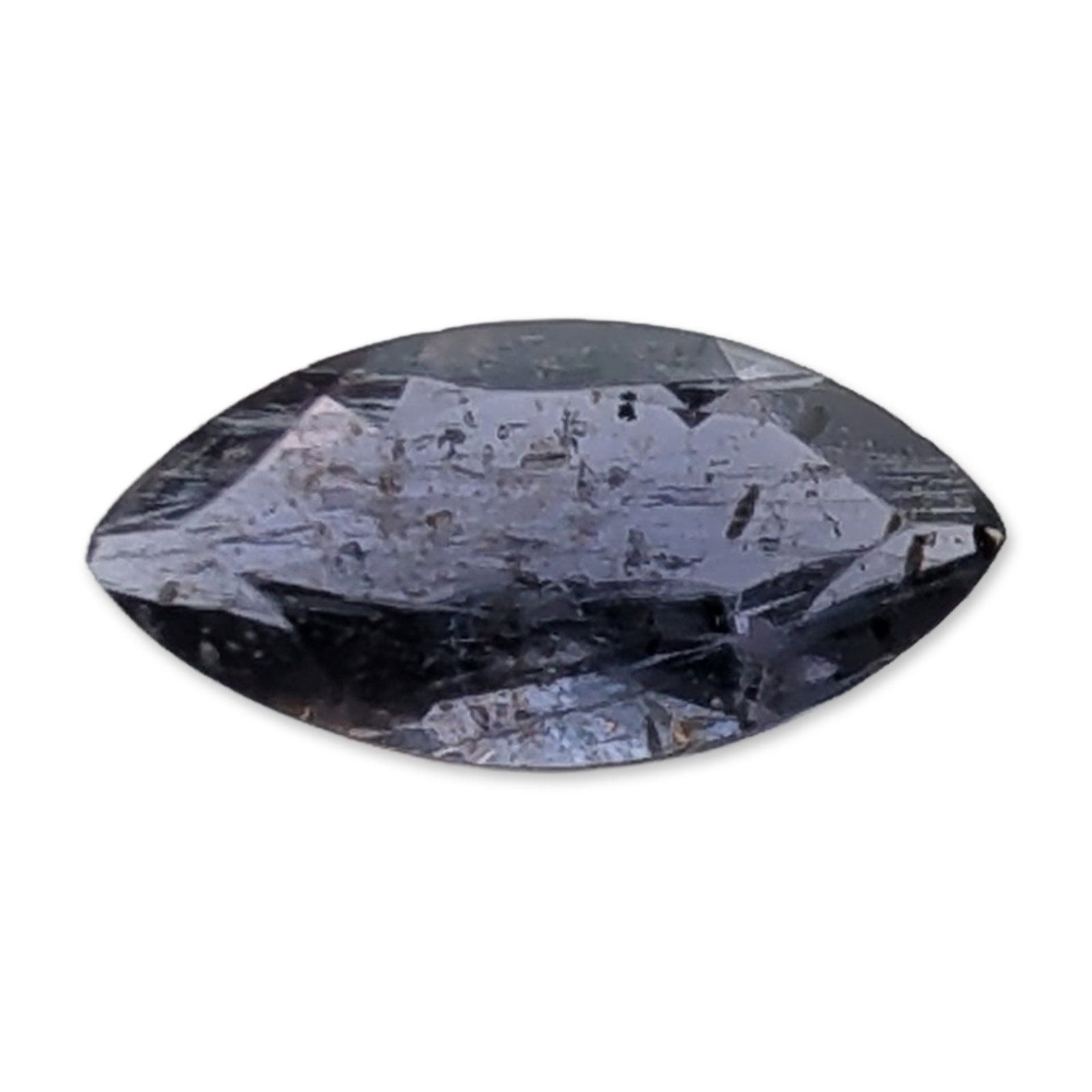 Marquise Cut Grayish Blue Iolite Gemstone: A single loose faceted iolite gemstone, marquise cut. The stone displays a deep grayish-blue color with semi-translucent to opaque diaphaneity. It features heavy internal inclusions resulting in a clo