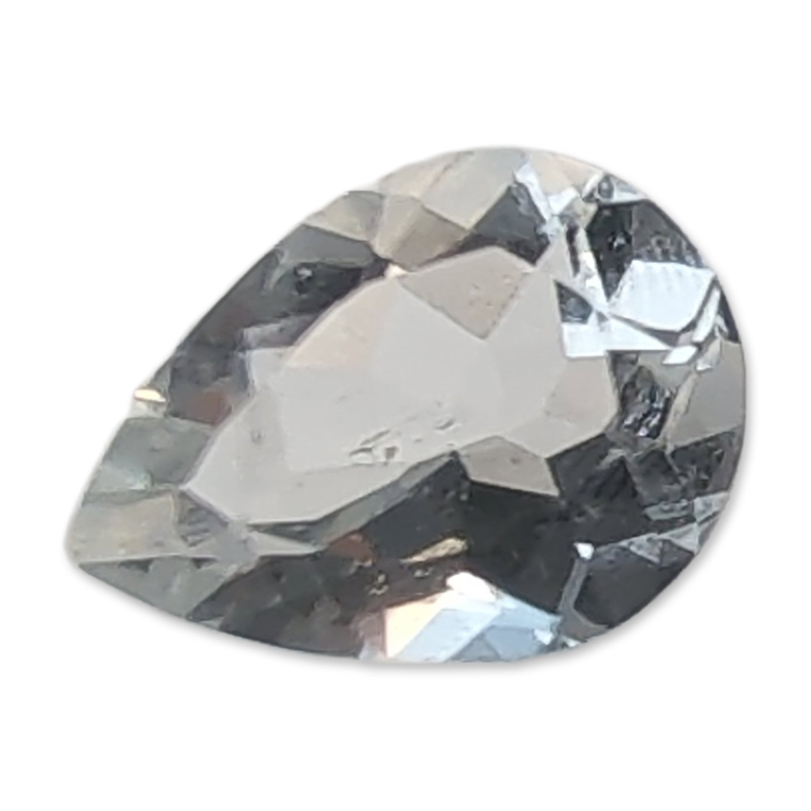 Near Colorless Pear Cut Loose Gemstone: Loose faceted gemstone featuring a pear cut and near-colorless body with a pale blue-grey tint. The stone displays high transparency and is eye-clean. Tested with a Presidium Gem Tester II but results