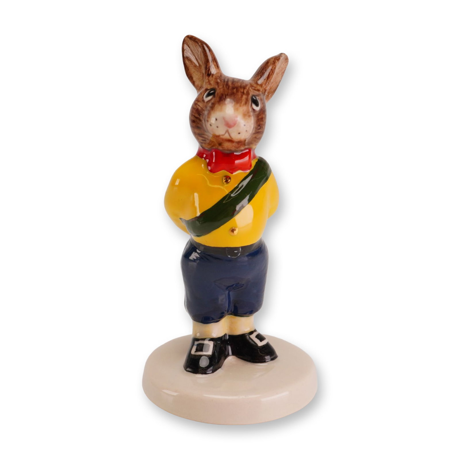Royal Doulton Prototype Prince Frederick Bunnykins: This rare young prince rabbit prototype was intended for a limited edition Royal Family set in the early 1990s that never proceeded. Styled in a bright red bowtie, yellow shirt with gold buttons, a gr
