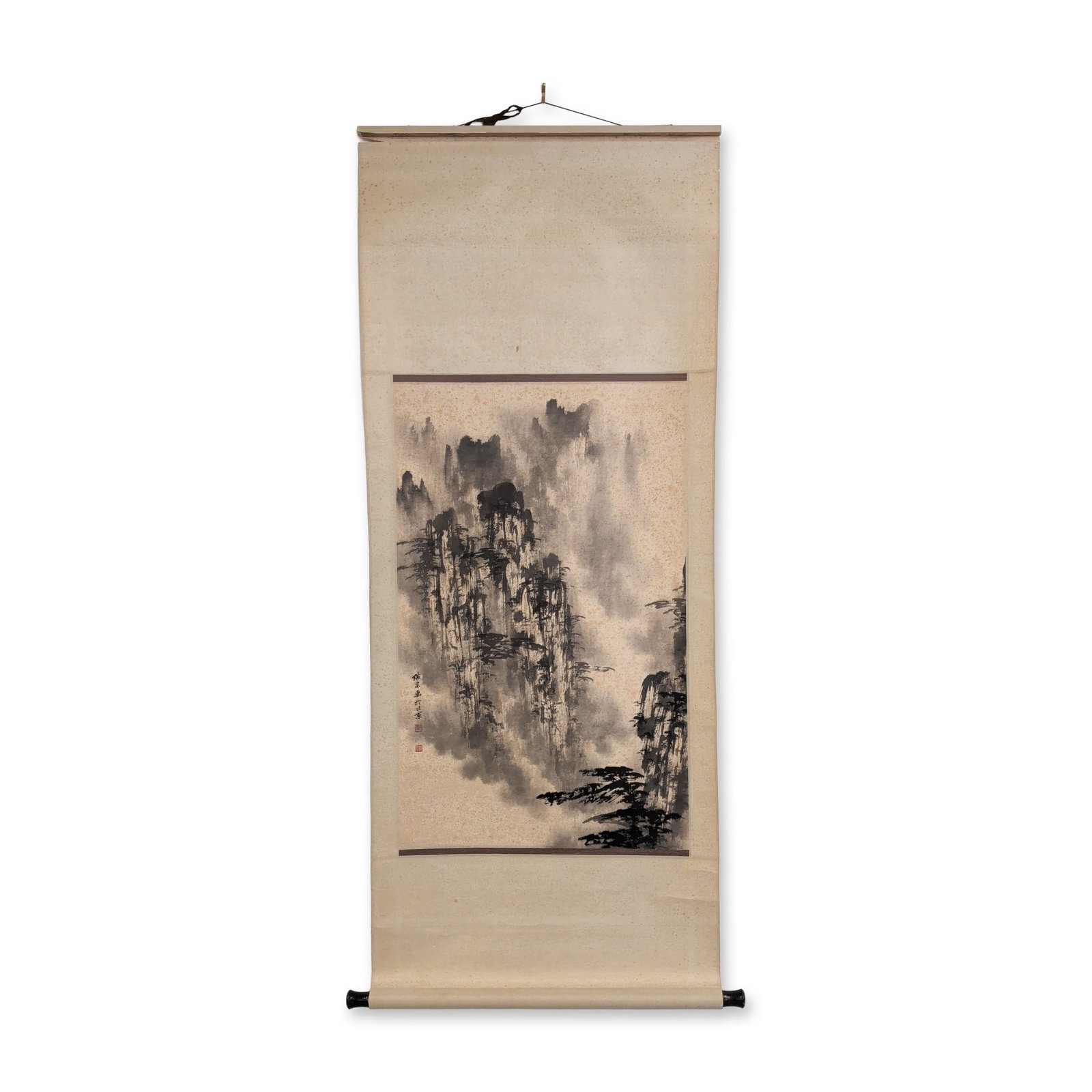 Chinese Hanging Scroll, Ink on Paper, Landscape, Signed w/ Seal: Chinese landscape painting in ink on paper mounted as a horizontal hanging scroll. The composition features atmospheric mountain formations and mist executed with a combination of wet ink washes and d