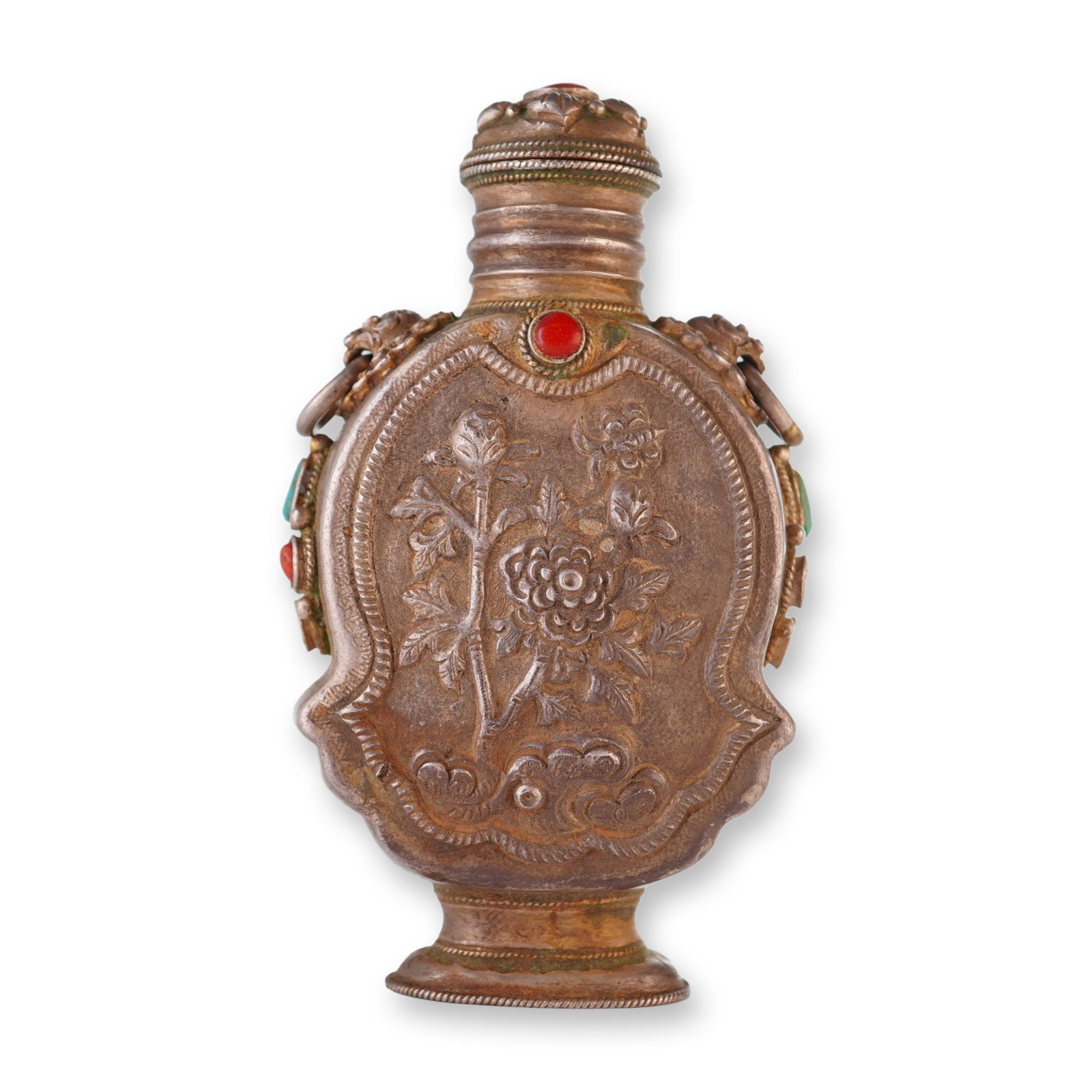 Mongolian Silver Repousse Snuff Bottle, Flowers, Lion Head Handles (1 of 5)