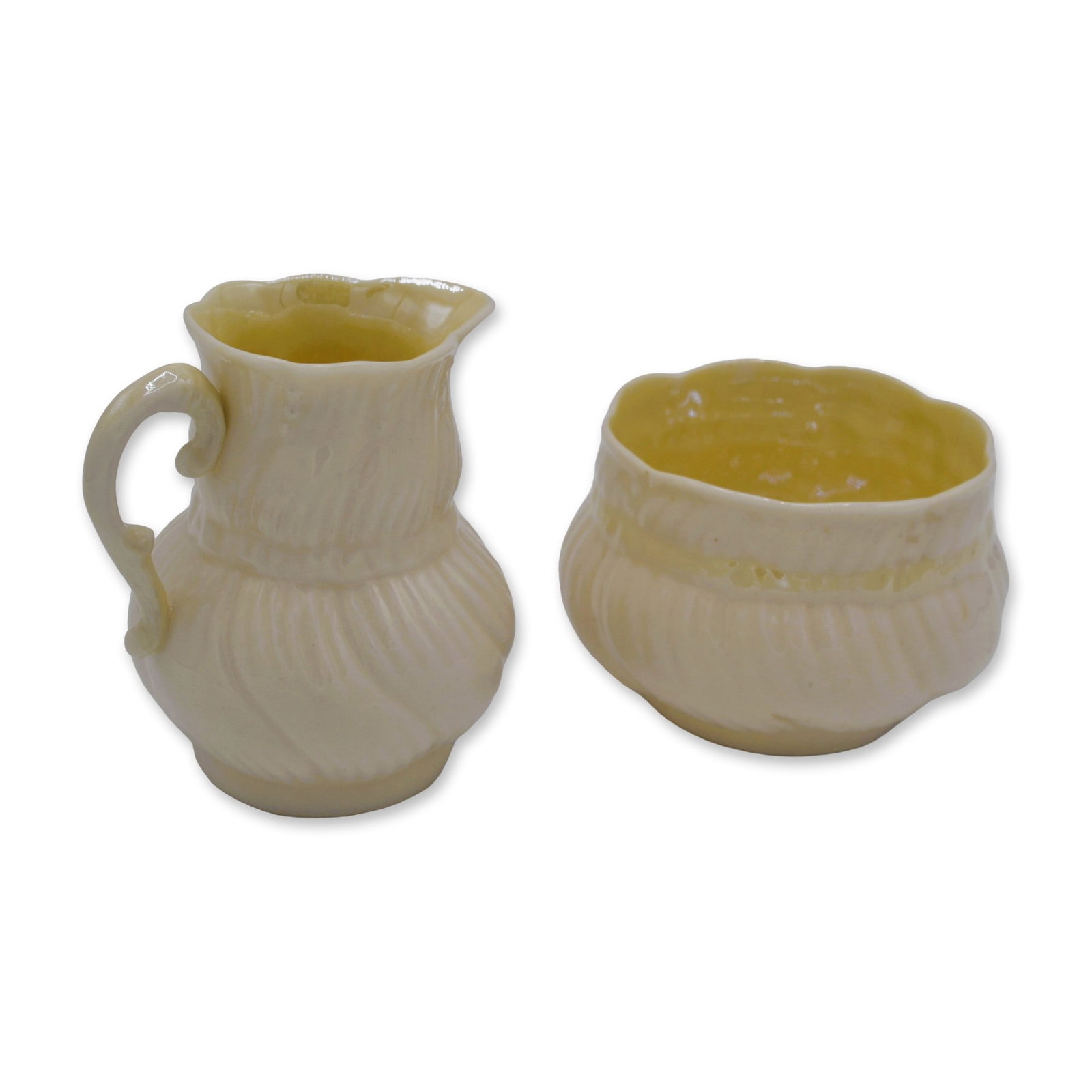 Belleek Porcelain Sugar And Creamer Set, Ivory/Pale Yellow, Black Mark: Belleek Porcelain Black Mark Sugar and Creamer Two (2) Piece Set. Glazed Porcelain Decorated, Hand created, hand painted by the skilled Artists of the Belleek Studios. Beautiful Vintage Belleek