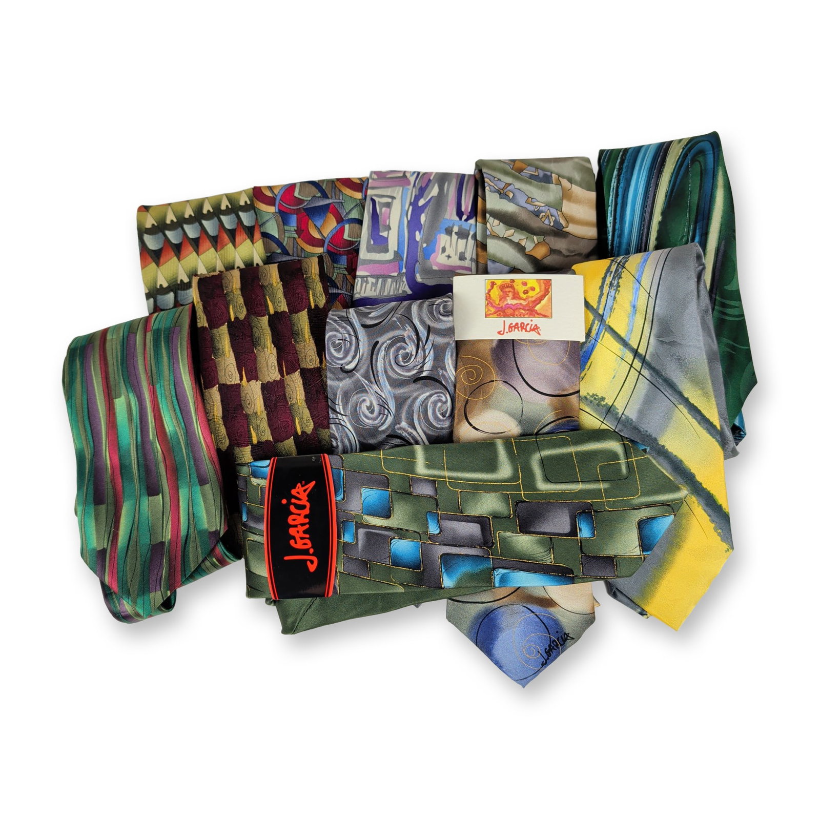 11pc J. Garcia Men's Silk Neckties: This nine-piece collection of men's neckties is crafted from 100% silk, featuring vibrant abstract and geometric patterns derived from the artwork of Jerry Garcia. The colorful assortment includes