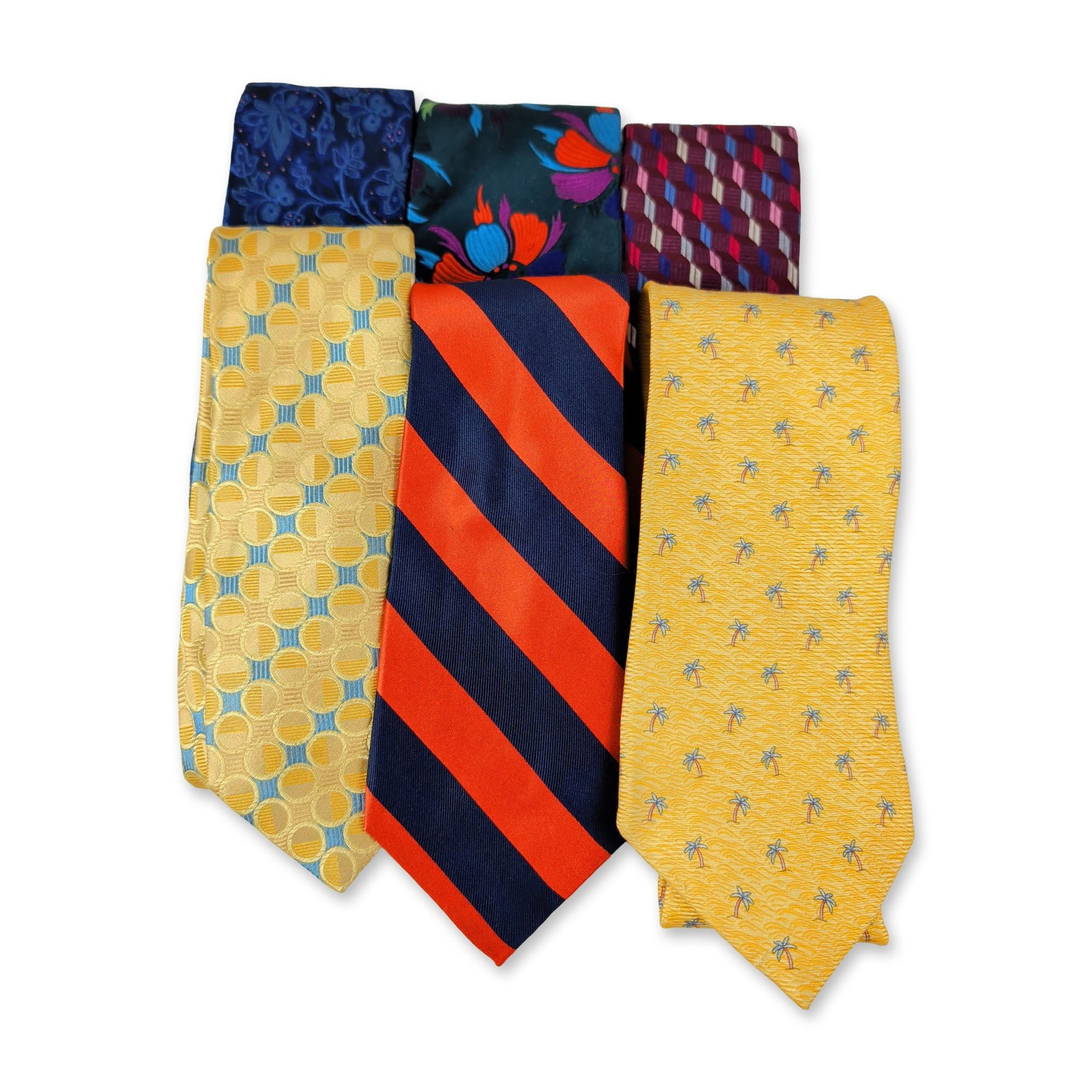 6pc Tommy Hilfiger & Duchamp Assorted Silk Neckties: Collection of Tommy Hilfiger and Duchamp men's neckties in silk and silk-blend fabrics. Patterns include repp stripes, geometric cube motifs, jacquard paisley, and stylized floral designs. Each retain