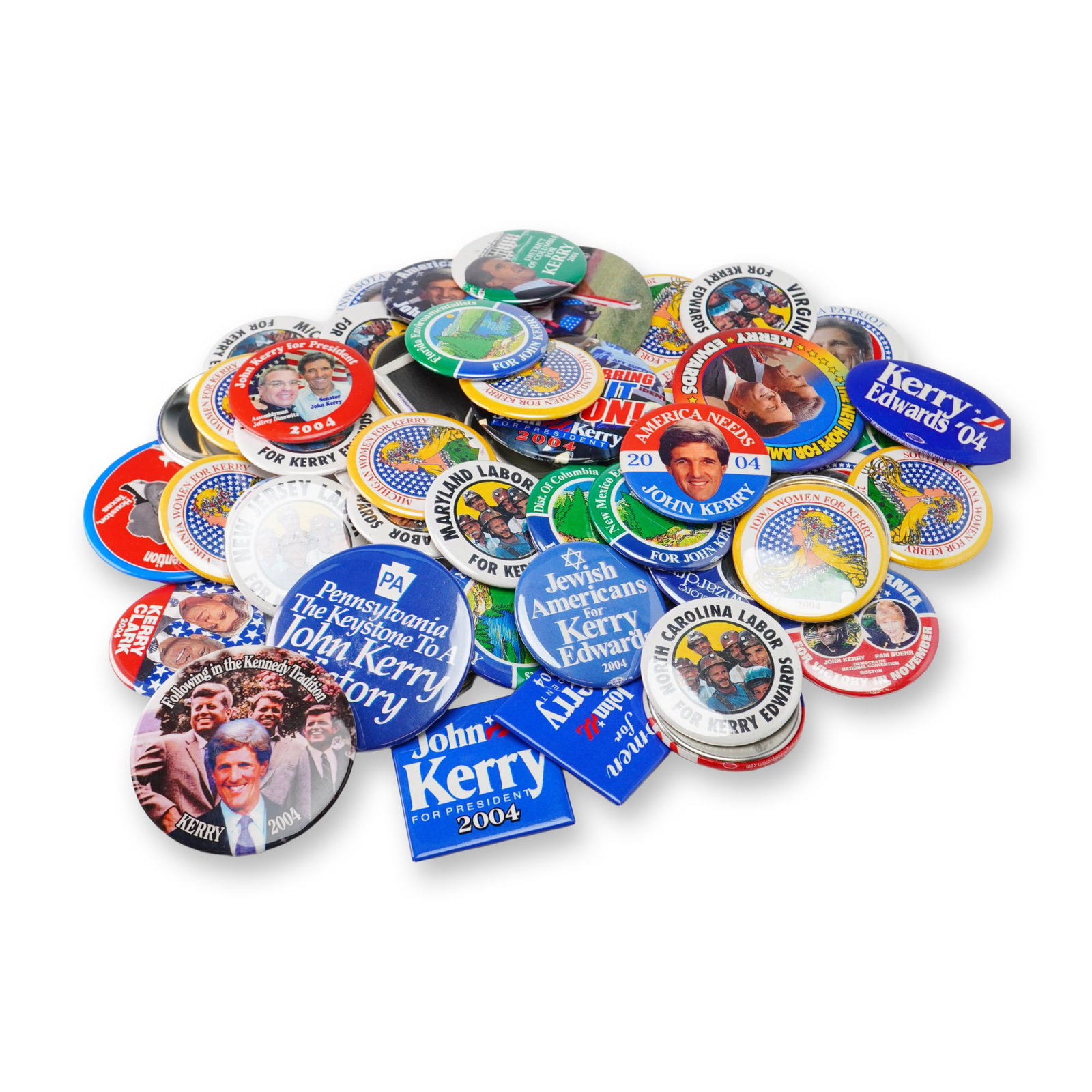 An Assortment of John Kerry and John Edwards 2004 Presidential Campaign Buttons and Pins: This collection consists of various political campaign buttons and pins from the 2004 United States Presidential campaign of John Kerry and his running mate, John Edwards. The items are constructed