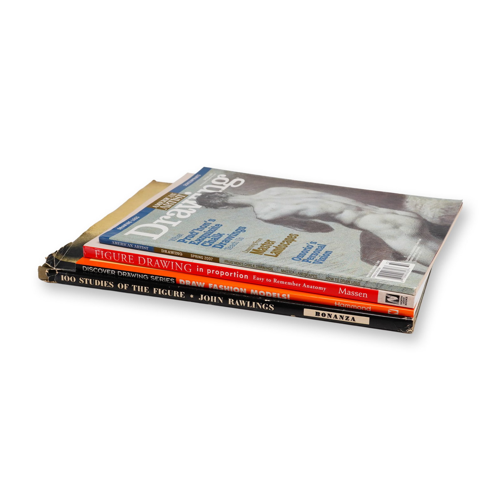 4pc Art and Figure Drawing Books and Magazines: This group of four art instruction publications focuses on figure drawing, anatomy, and fashion illustration. The collection includes one hardcover volume and three trade paperbacks or magazine