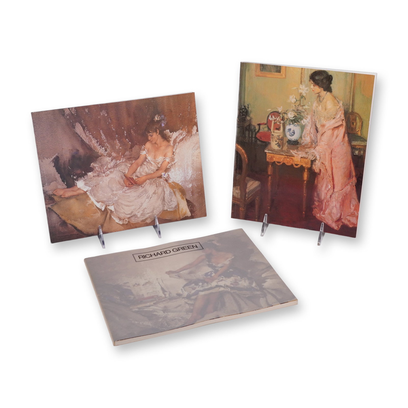 3pc Book Collection of Richard Green Art Exhibition Catalogs: This lot comprises three art exhibition catalogs published by the Richard Green gallery of London. These 3pc art books are trade paperback volumes in an oblong quarto format, featuring high-quality co