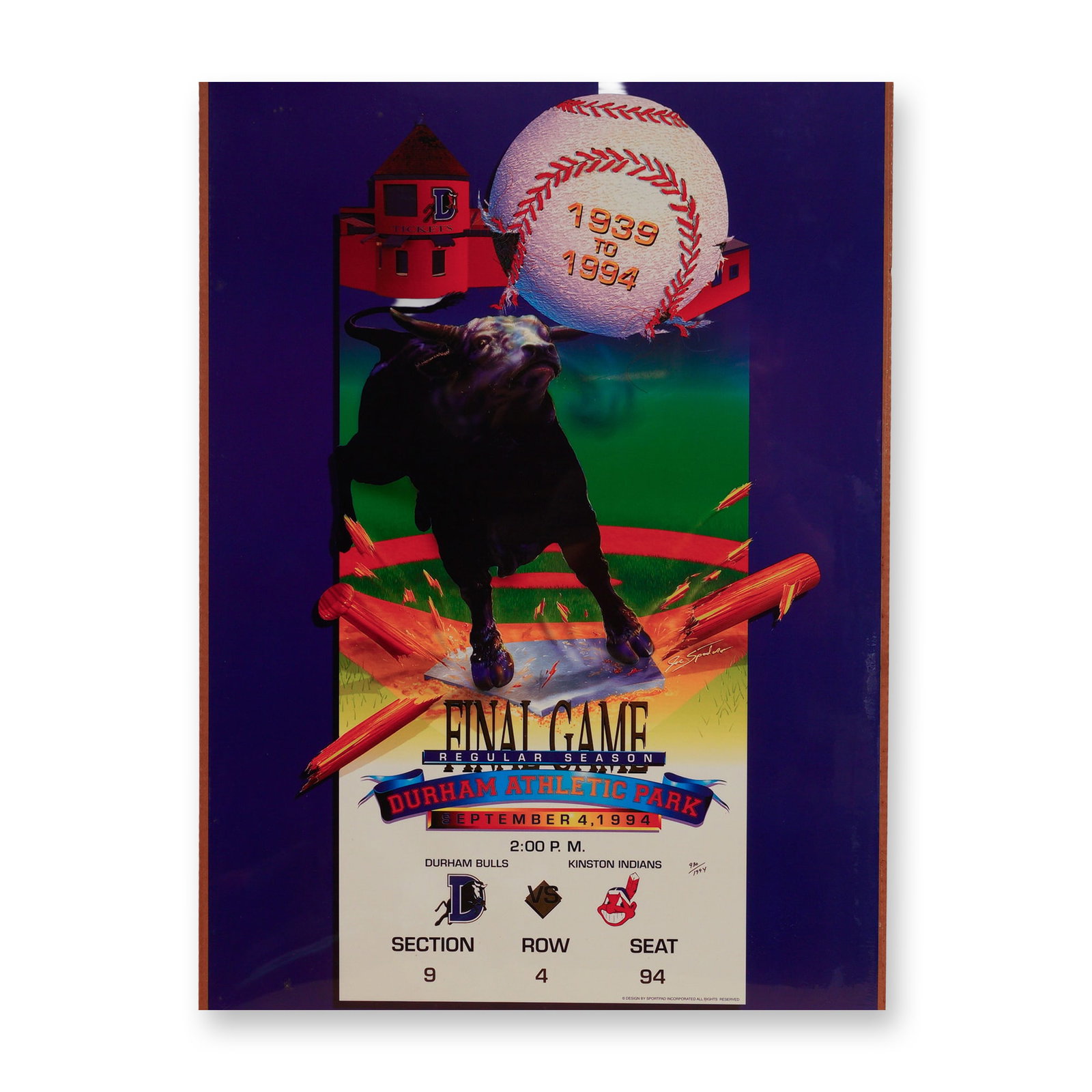 1994 Durham Bulls Final Game Commemorative Poster: Colorful limited edition poster commemorating the Durham Bulls' final regular season game at Durham Athletic Park on September 4, 1994, against the Kinston Indians. The artwork features the team's